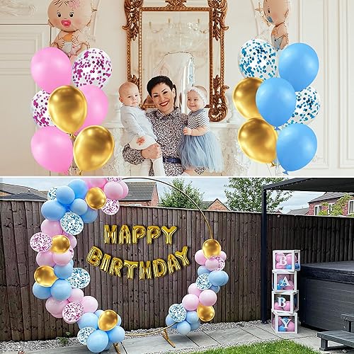 Miniatura 6 de 100 globos de látex de 12 pulgadas para revelación de género, color rosa, azul, dorado, confeti, con cintas para niños y niñas, fiesta temática de