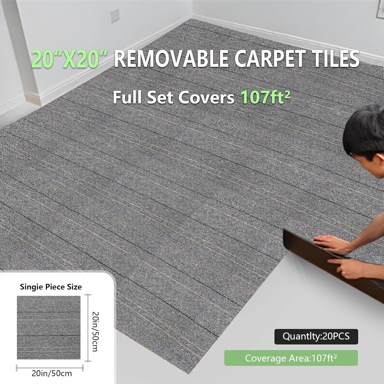 Carpet Tiles Square 40pcs Soft Non Adhesive Padded Seamless Appearance Home Non-Slip Floor Easy DIY Installation Indoor Outdoor 20" x 20"