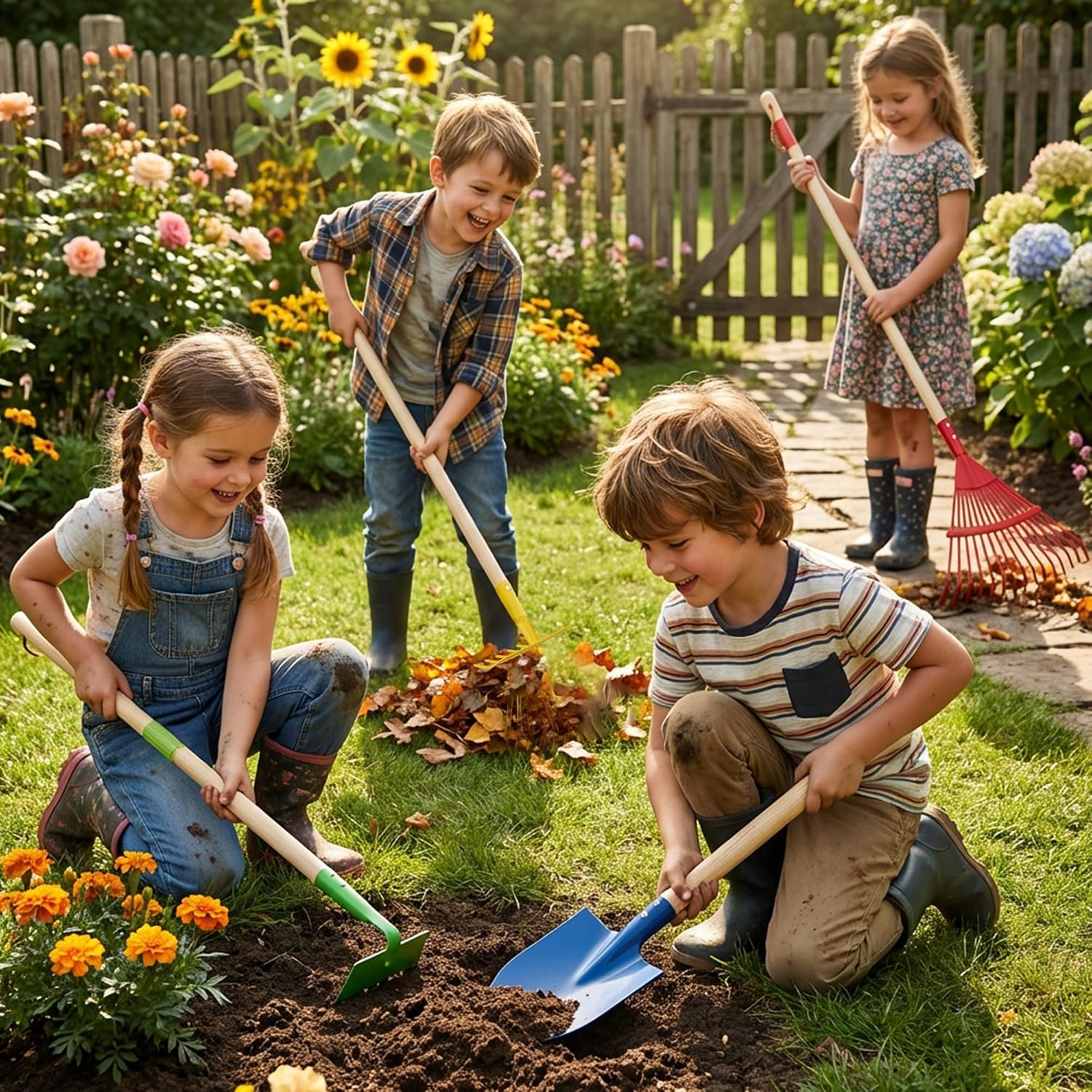 4-Piece Garden Tool Set with Shovel, Rake, Hoe, Leaf Rake - 2 Pairs of Gloves & 2 Storage Bags, Wooden Gardening Tools for Yard & Lawn Care