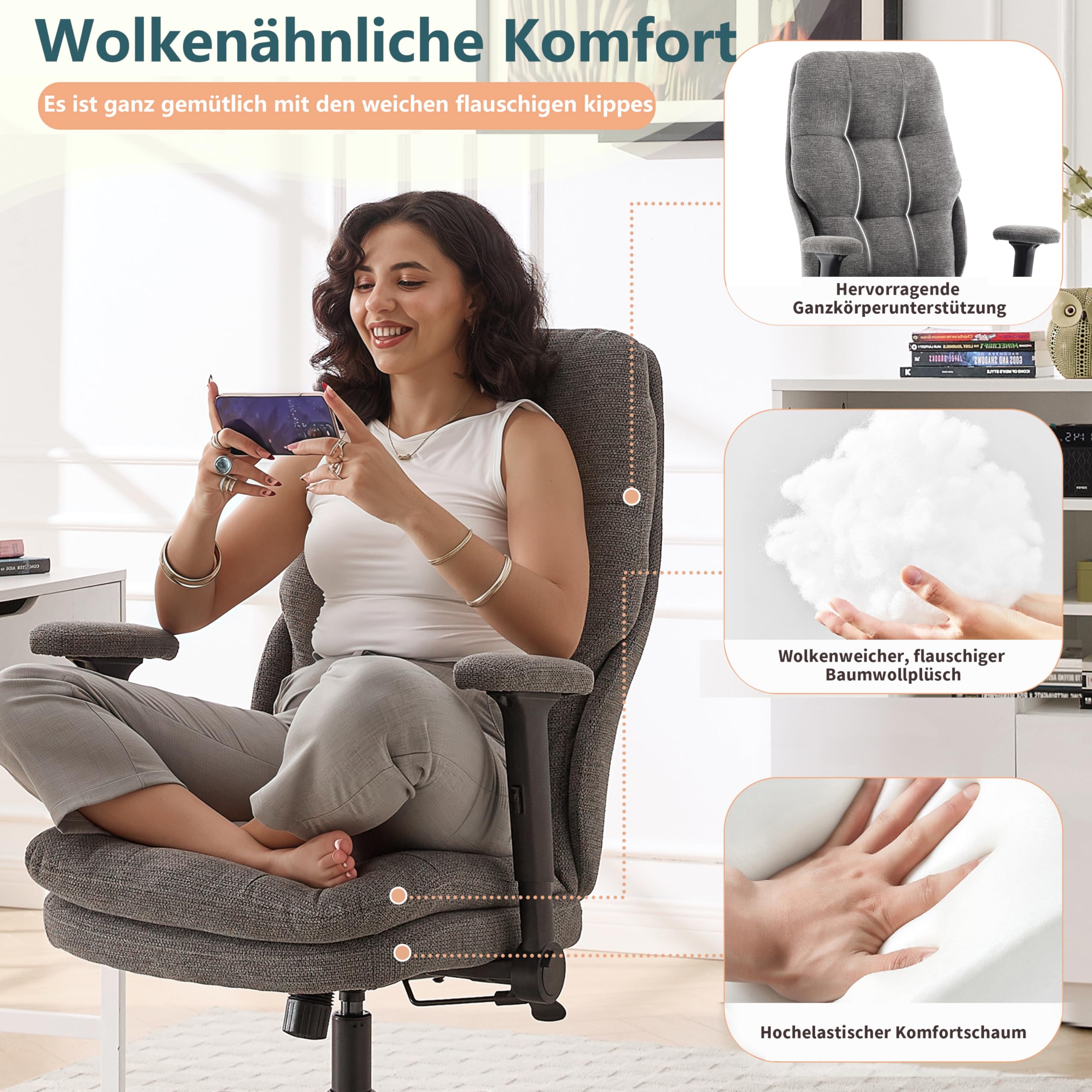 Fizzin Grau Ergonomischer Bürostuhl Chefsessel | Hohe Rückenlehne, Doppelkissen-Armlehnen, umkehrbar & höhenverstellbar Computerstuhl für Büro und Homeoffice