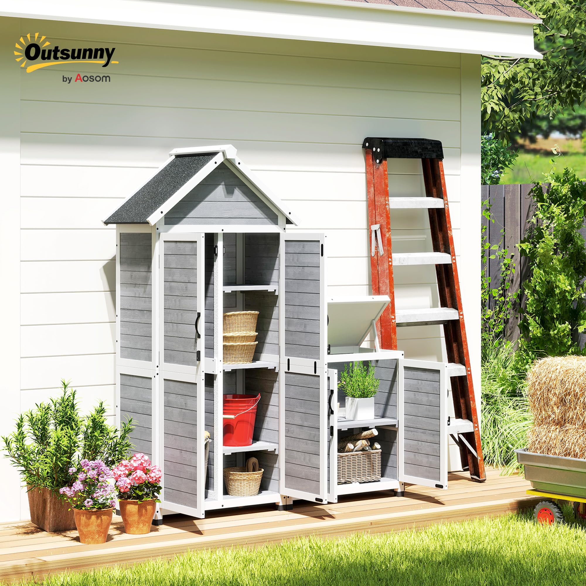 Outsunny Abri de Jardin + Armoire de Rangement en Bois, cabane de Jardin extérieur intérieur avec Toit incliné en Asphalte, étagères et Portes verrouillables, Armoire à Outils pour Balcon, Gris