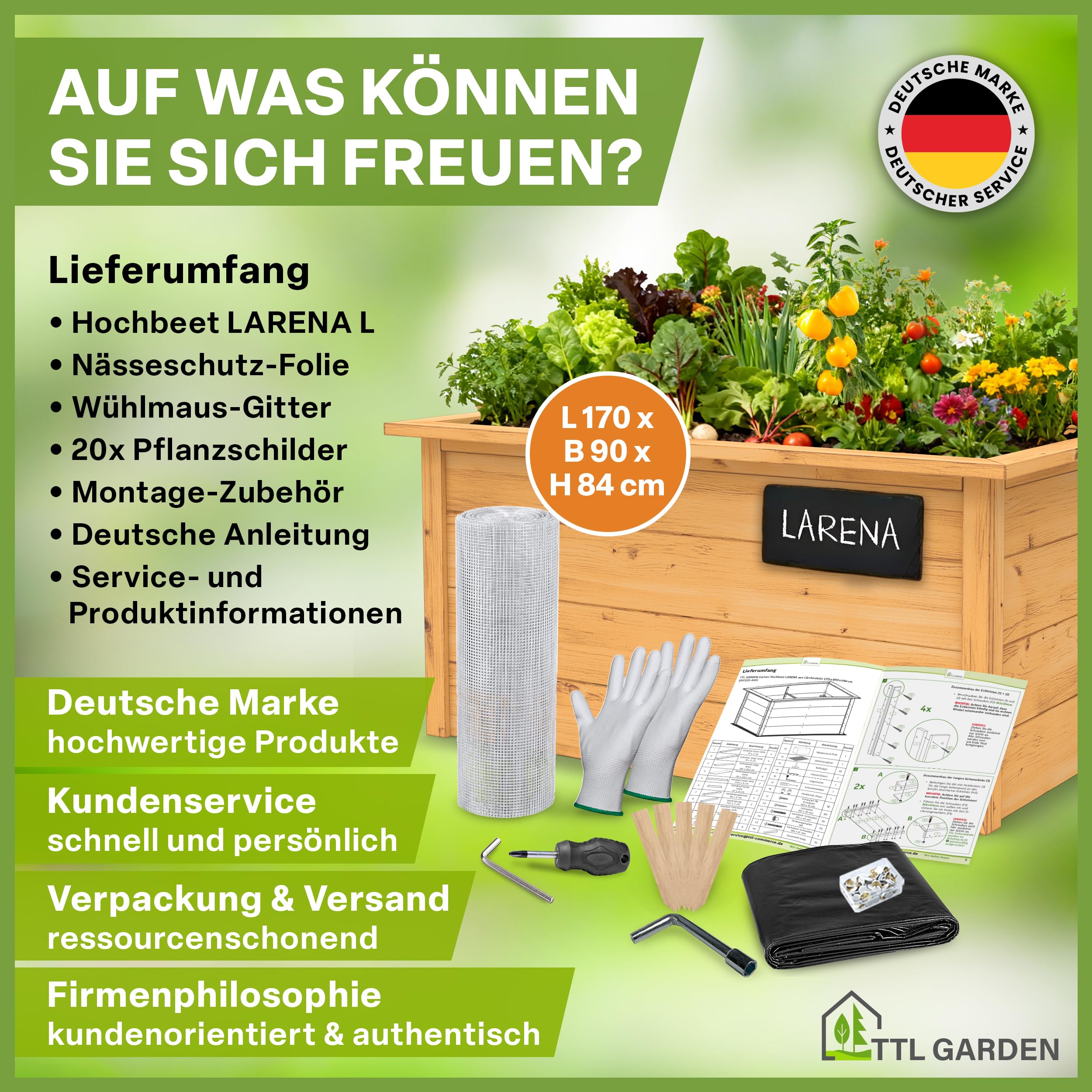 TTL GARDEN 170x90x84cm LARENA L Holz Hochbeet - Garten Hochbeet aus Holz | - Hochbeet Kit & Kräuterbeet Set Bausatz mit Wühlmausgitter Holzhochbeet wetterfest - für Gemüse Kräuter & Blumen - Braun
