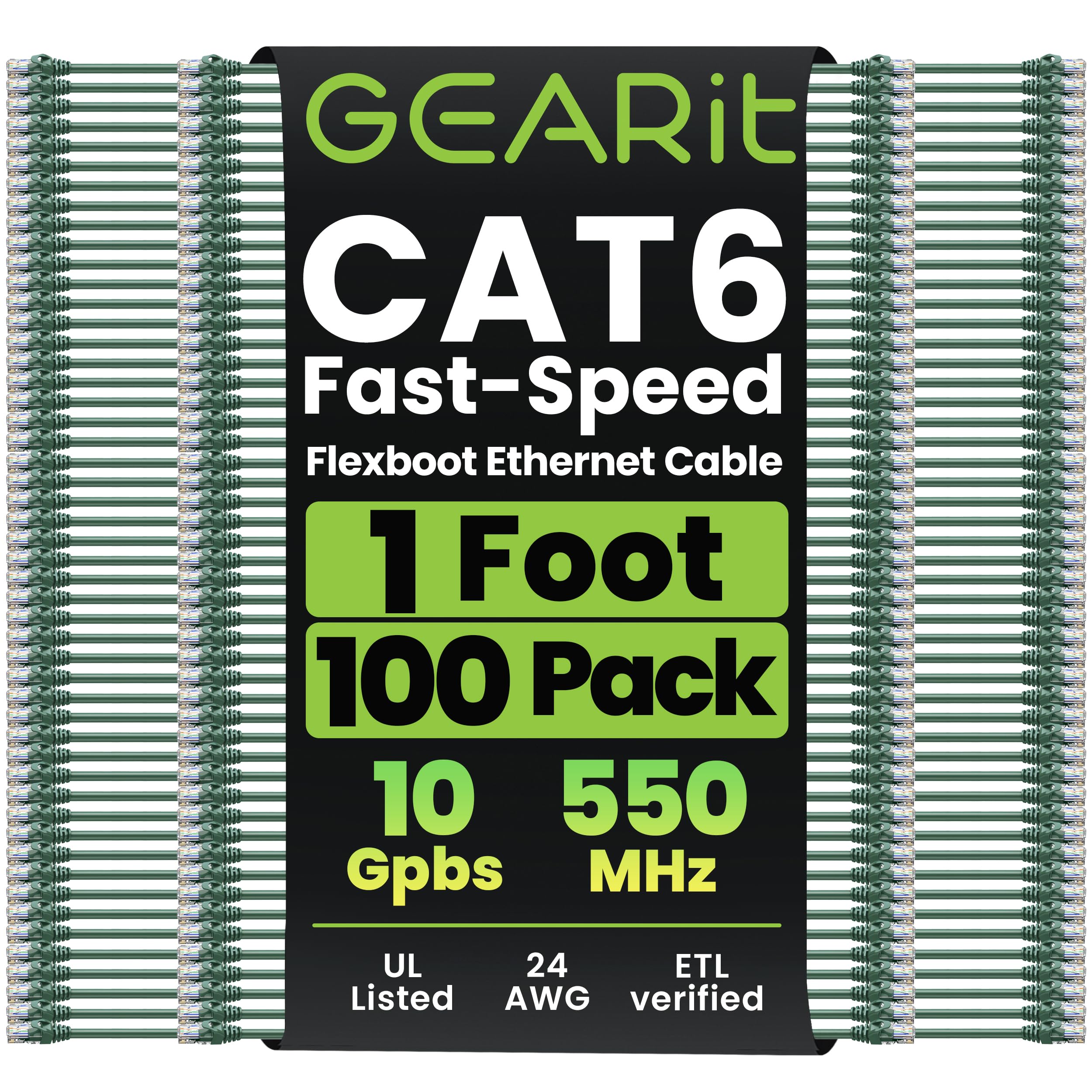 GEARit 100-Pack Cat6 Patch Cable 1 Foot Cat 6 Ethernet Cable Snagless Flexible Soft Tab - Premium Series - Green