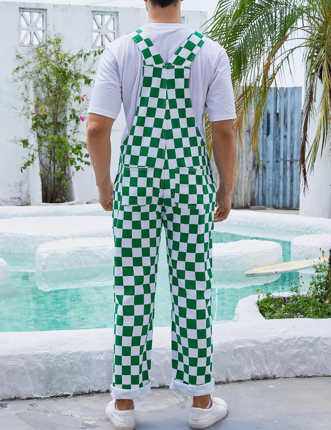 Checkered Pants Mens Overalls Bib Coveralls Cute Stretch Jeans Jumpsuit - Image 2