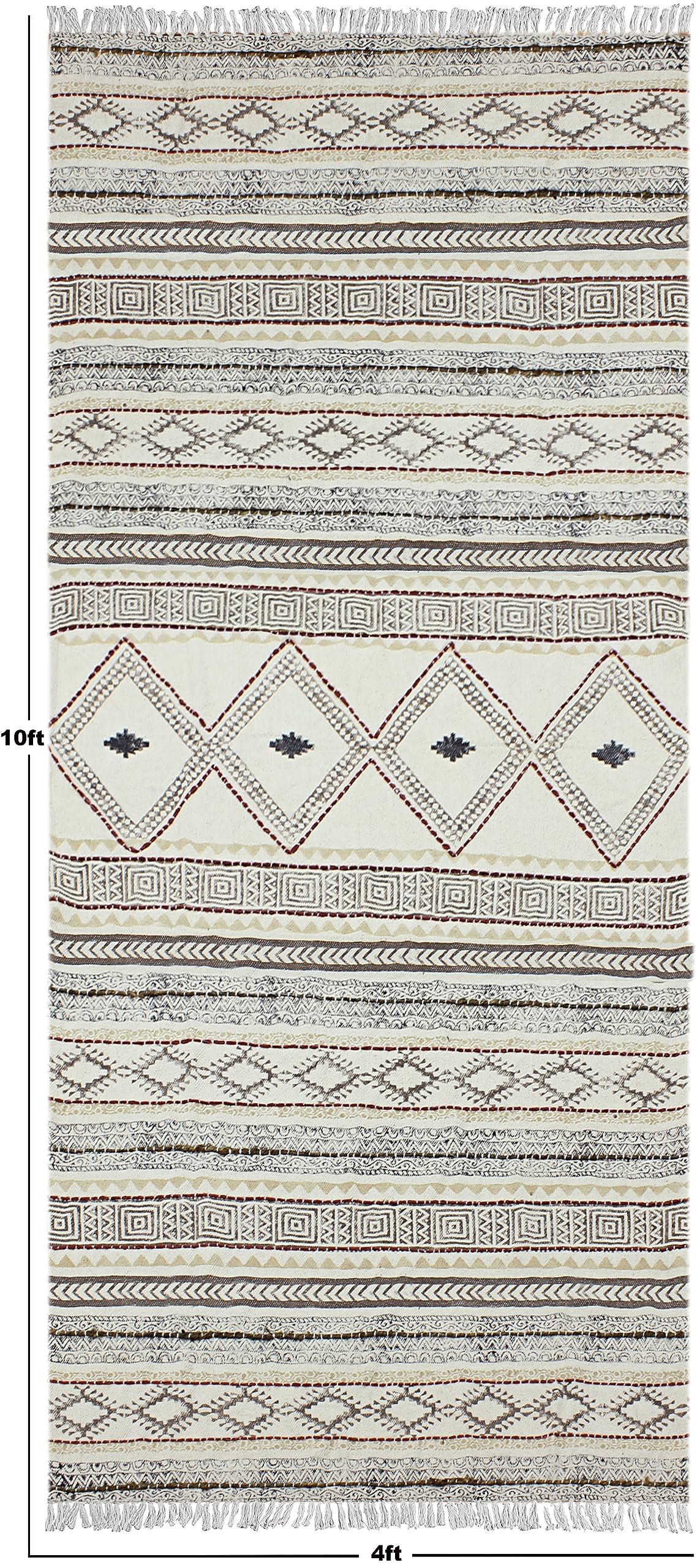 Kilim Bieżnik bawełniany 2,6 x 4, beżowy i brązowy chodnik boho, do wewnątrz, na zewnątrz, bieżnik, 0,5 cm, kamień, łatwy do prania, pranie ręczne, bawełniany dywan, płaski splot chodników do kuchni,