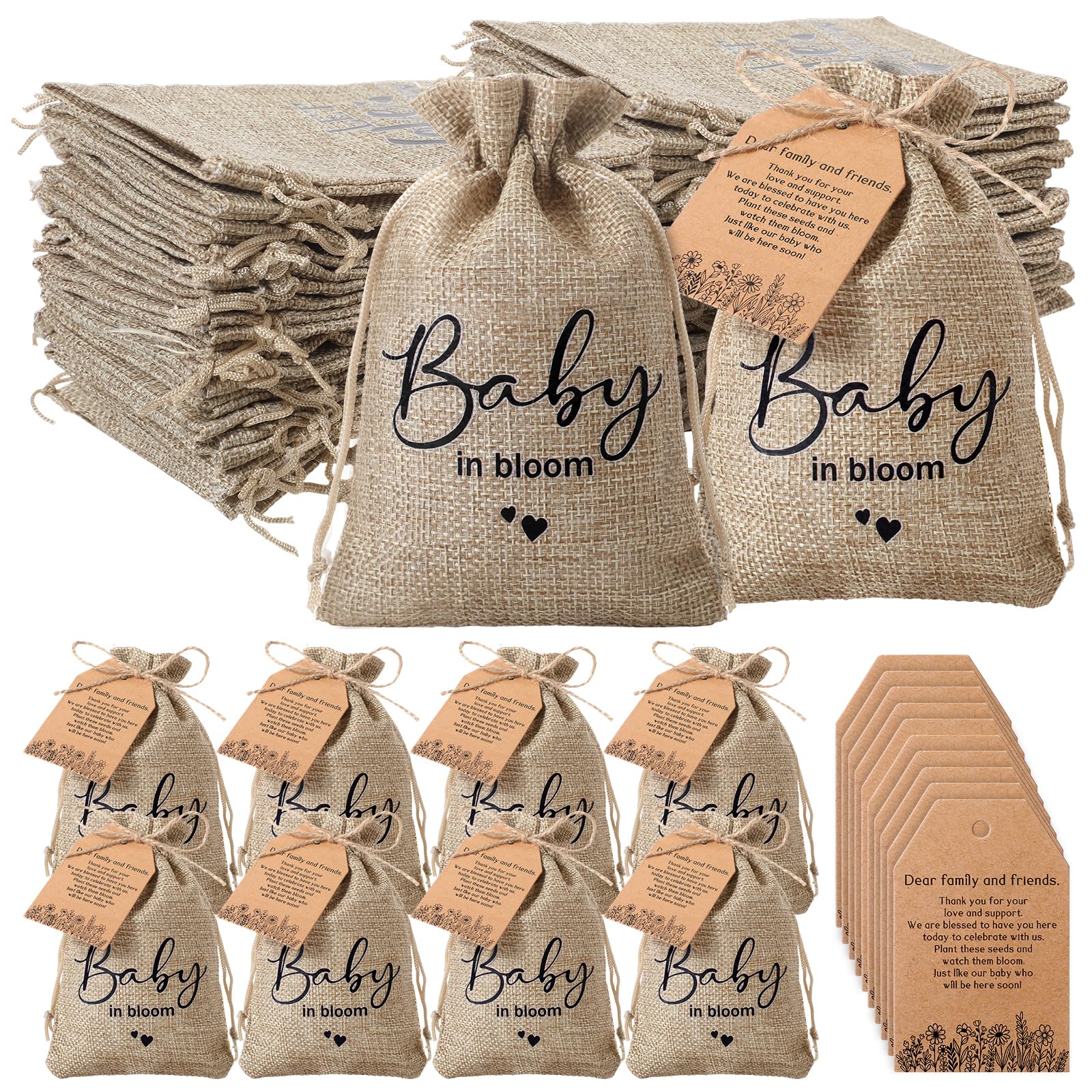 Fumete Baby Shower Party Favors Baby in Bloom Mini Seed Packet Favors Wildflower Design Tag Kraft Thank You Cards Sack Organizer Burlap Bag and Twine for Gender Reveal (No Seeds)