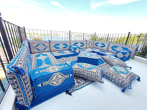 Miniatura 3 de arabicsofa Juego de sofá árabe en forma de U – Asientos modulares de piso azul real para habitación de invitados