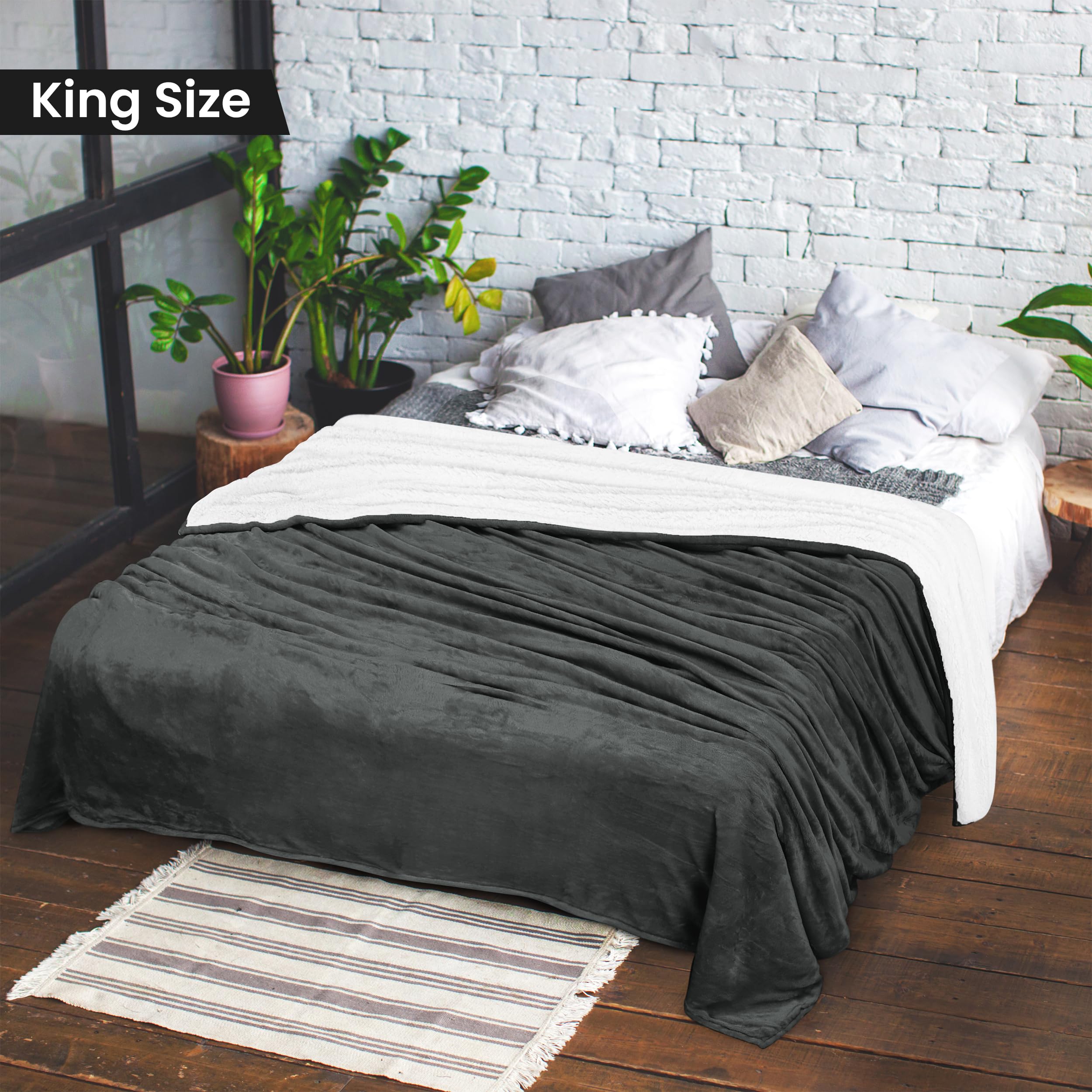 Couverture Double Face Lit Canapé Couverture Polaire Sherpa EDS Double Face - Gris King Size 200x240cm | Tissu Ultra Doux Thermique Pour Lit Et Canapé 200x240cm King Size