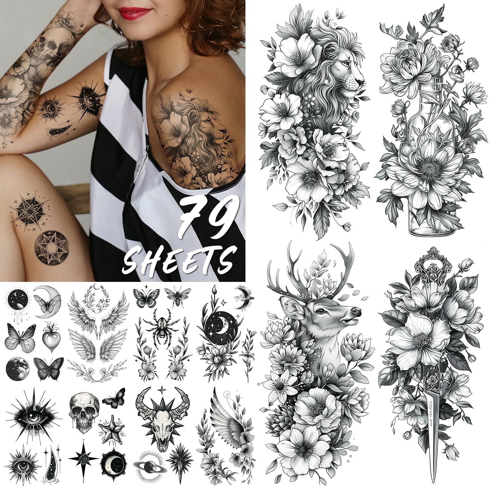 Acevegue 79 Hojas, 200+ Patrones Tatuajes Temporales Adultos, Tatuajes Falsos 3D Impermeables para Hombres y Mujeres, Pegatinas Tatuajes Temporales para Decoración Cumpleaños Fiesta