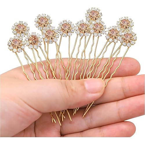 Ammei Crystal Bridal Hair Pins Clips Wedding Hair Accessories Hair Set Jewelry With Rhinestone For Brides and Bridesmaids Set Of 12 (Gold Plated Champagne)
