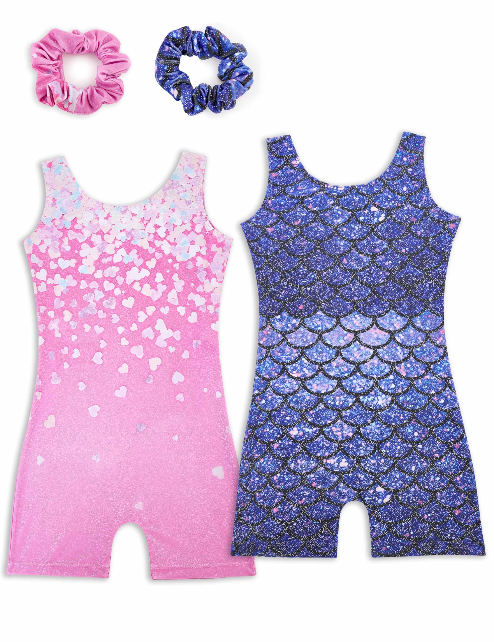 Tstiti 2-Pack Sparkly Girls Gymnastics Biketards/Unitards with Matching Hair Scrunchies