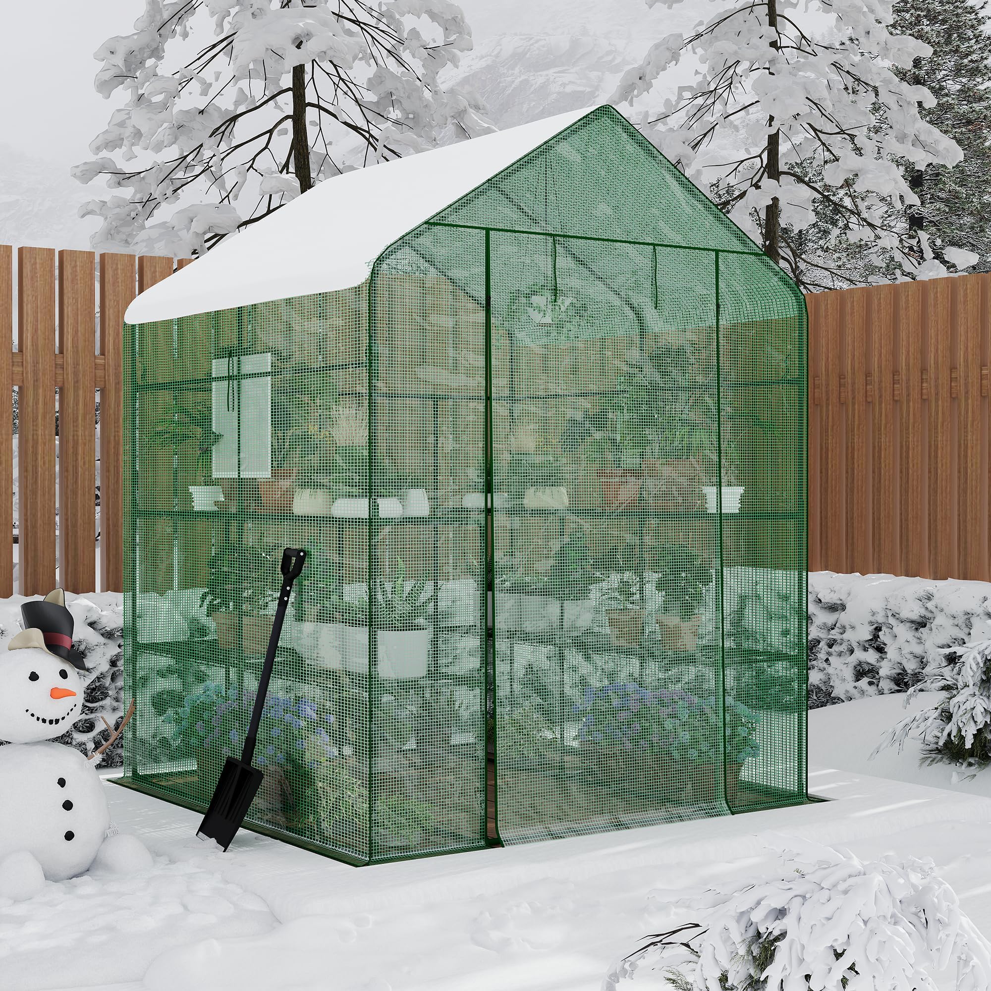 Garvee Serra da Giardino a Casetta, 143x143x195 cm, Serra Walk-in con 12 Ripiani e 2 Finestre, Copertura in PE Rinforzato 140G per Orto e Piante, Verde