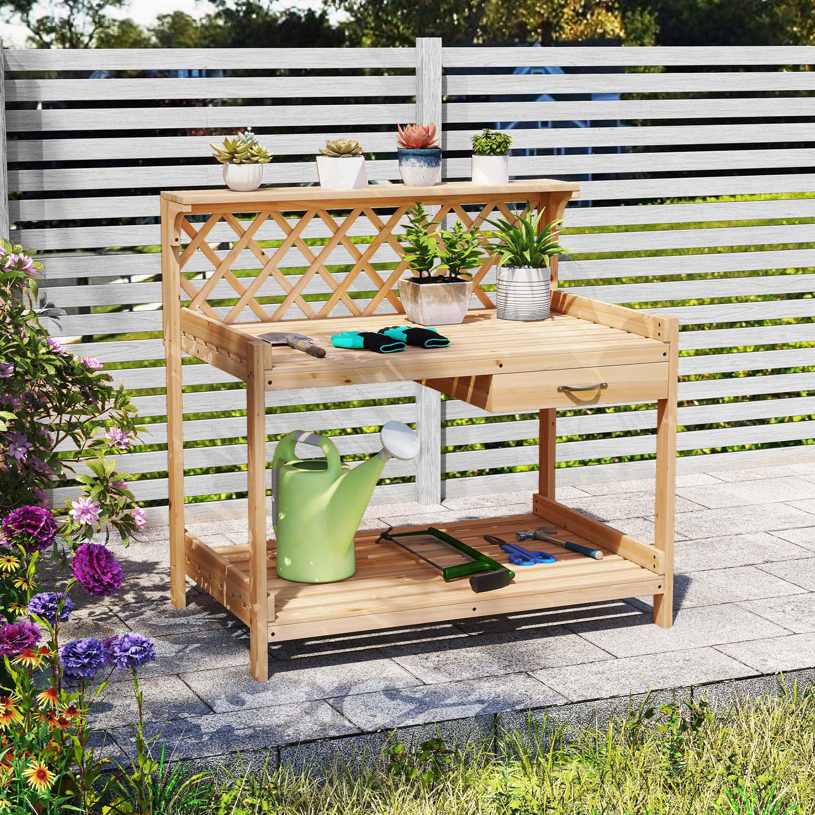 COSTWAY Table de Rempotage en Bois de Sapin avec Treillis à Claire-Voie, Table de Jardinage avec Tiroir Amovible Étagère Ouverte, Poste de Travail pour Arrière-Cour Balcon Pelouse