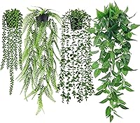 DerRose 4pcs Realistic Fake Hanging Plants: Artificial Eucalyptus, Ivy Vine, Boston Fern, String of Pearls - Boho Indoor Outdoor Decor