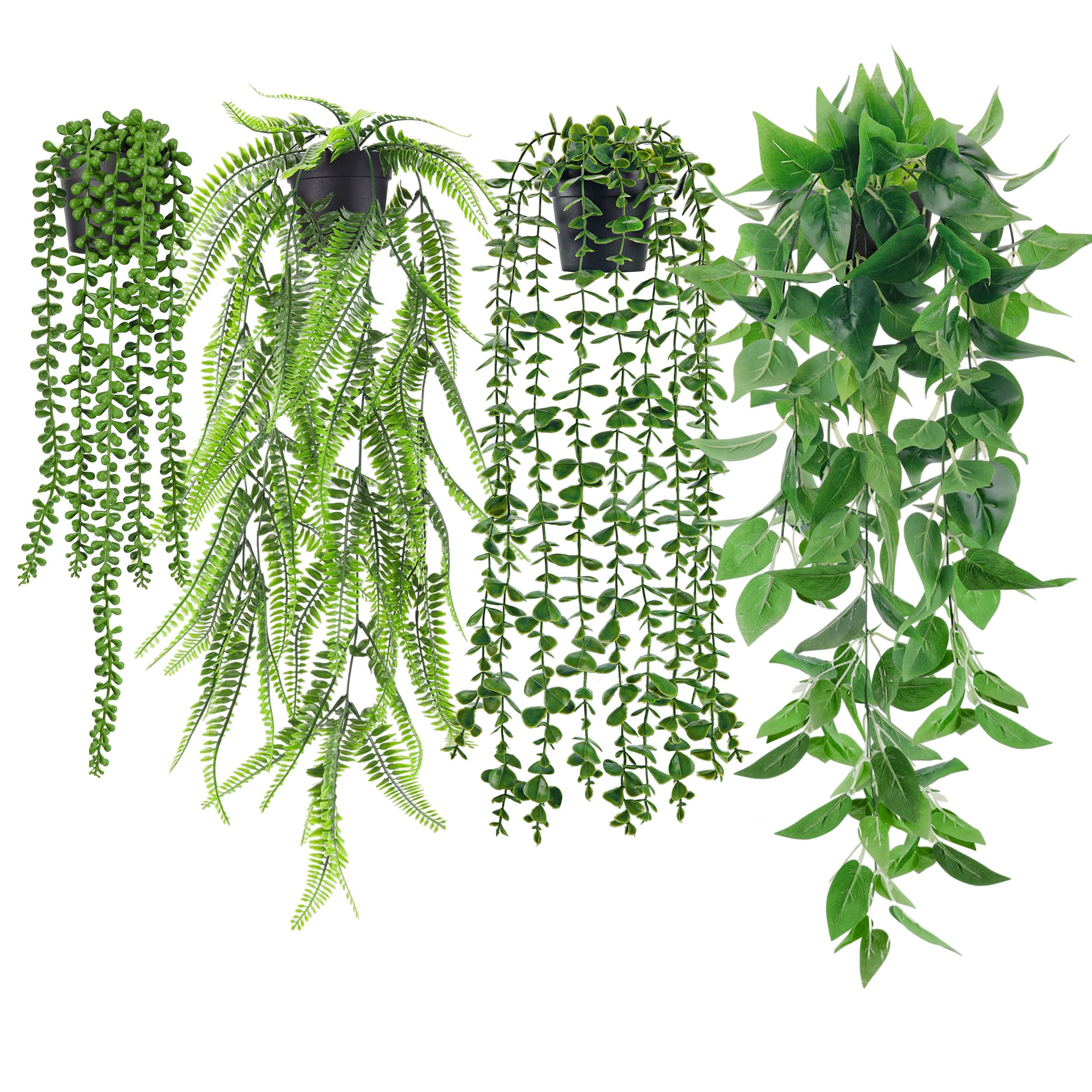 Der Rose 4Pcs Fake Plants Hanging Artificial Ivy Vine Faux Eucalyptus Hanging Plants, Boston Fern, String of Pearls for Living Room Bedroom Boho Wall Shelf Indoor Outdoor Decor
