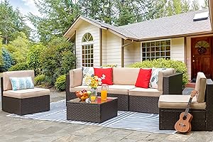 Vongrasig 6 Piece Outdoor Rattan Patio Set w/ Cushions, Conversation Couch, Glass...