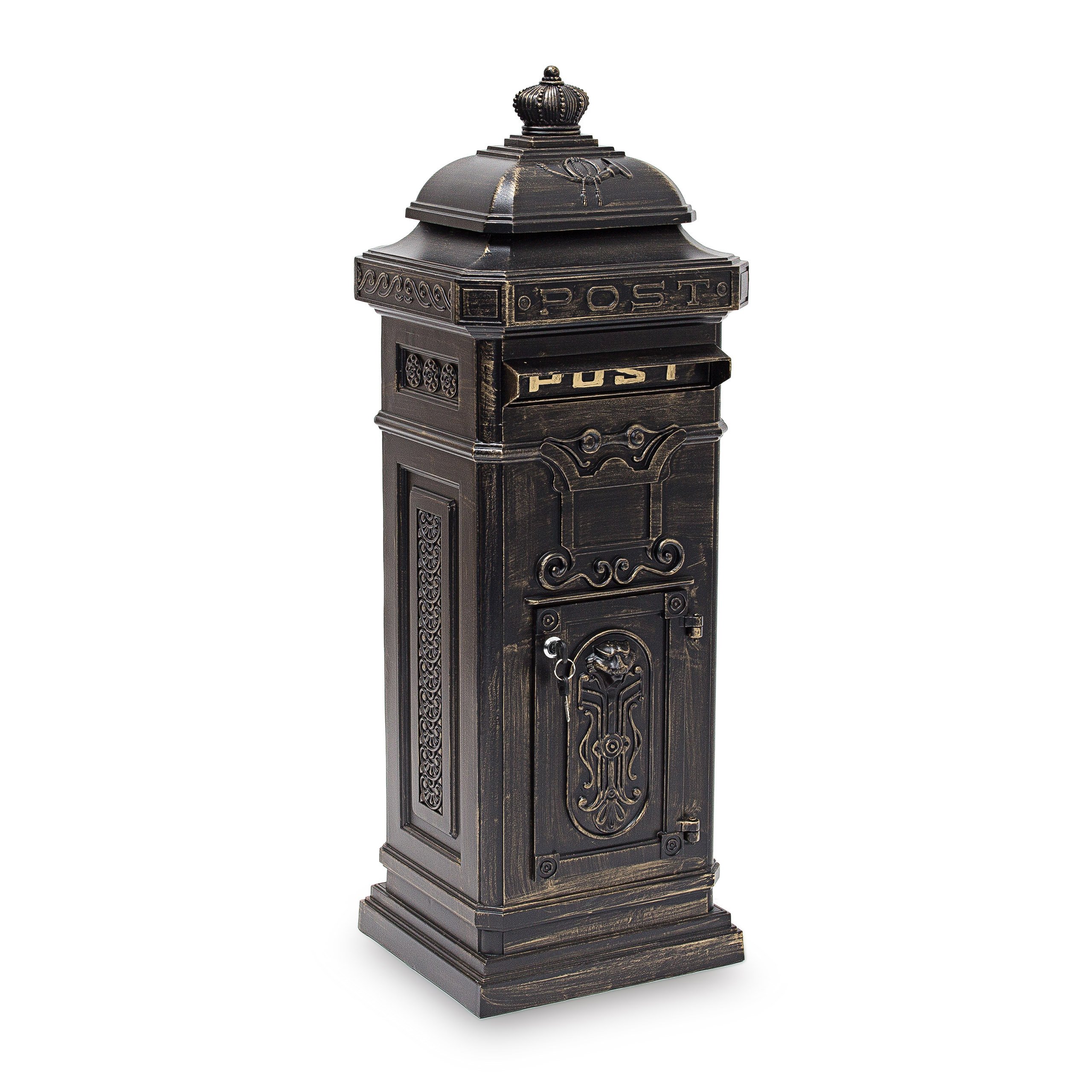 Relaxdays Freestanding Antique Mailbox, 101 x 34.5 x 31 cm, Nostalgic Post Box, Aluminium, British Design, Bronze
