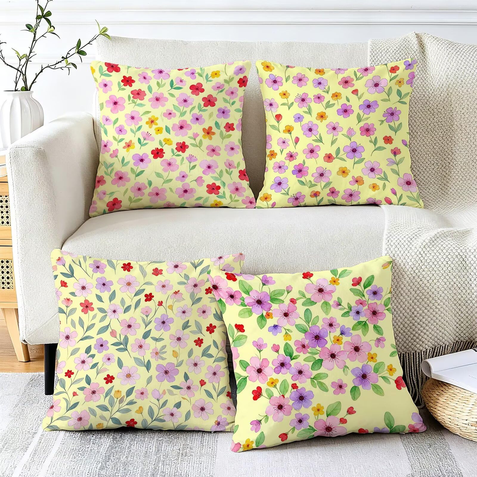 Giallo Federe Cuscini Divano 60x60cm, Cuscini da Esterno Set de 4, Cod-164 | Lin Copricuscini Decorativi Letto Arredo, per Letto, Soggiorno, Giardino, Esterno, Casa Decorazione Set di 4 Piccolo Fiore