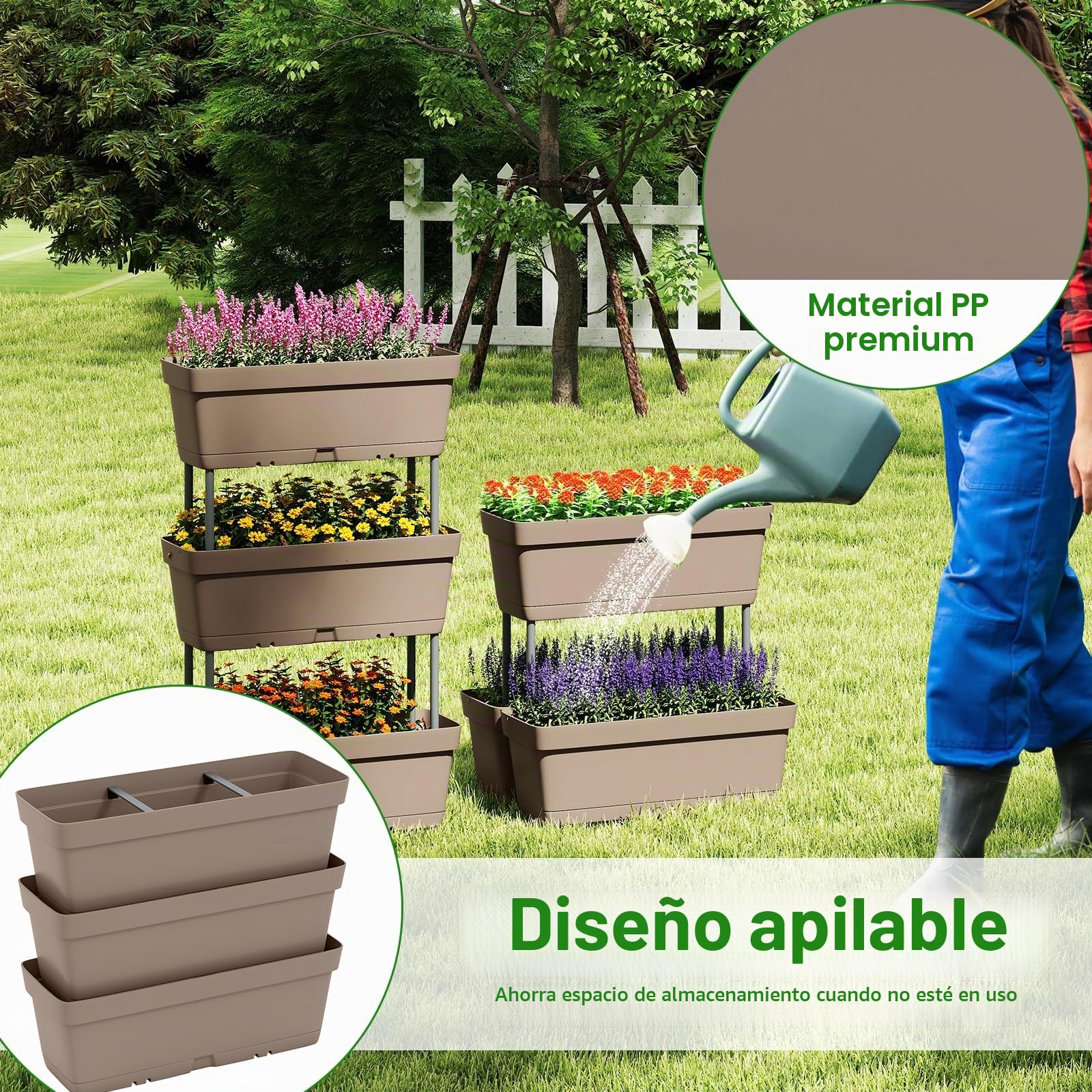 HOMASIS Juego de 6 Macetas para Flores, Jardinera Vertical para Exterior con Sistema de Drenaje, Combinación Libre, Almohadilla de Jardín Elevada en PP para Frutas, Hierbas, Vegetales (Gris)