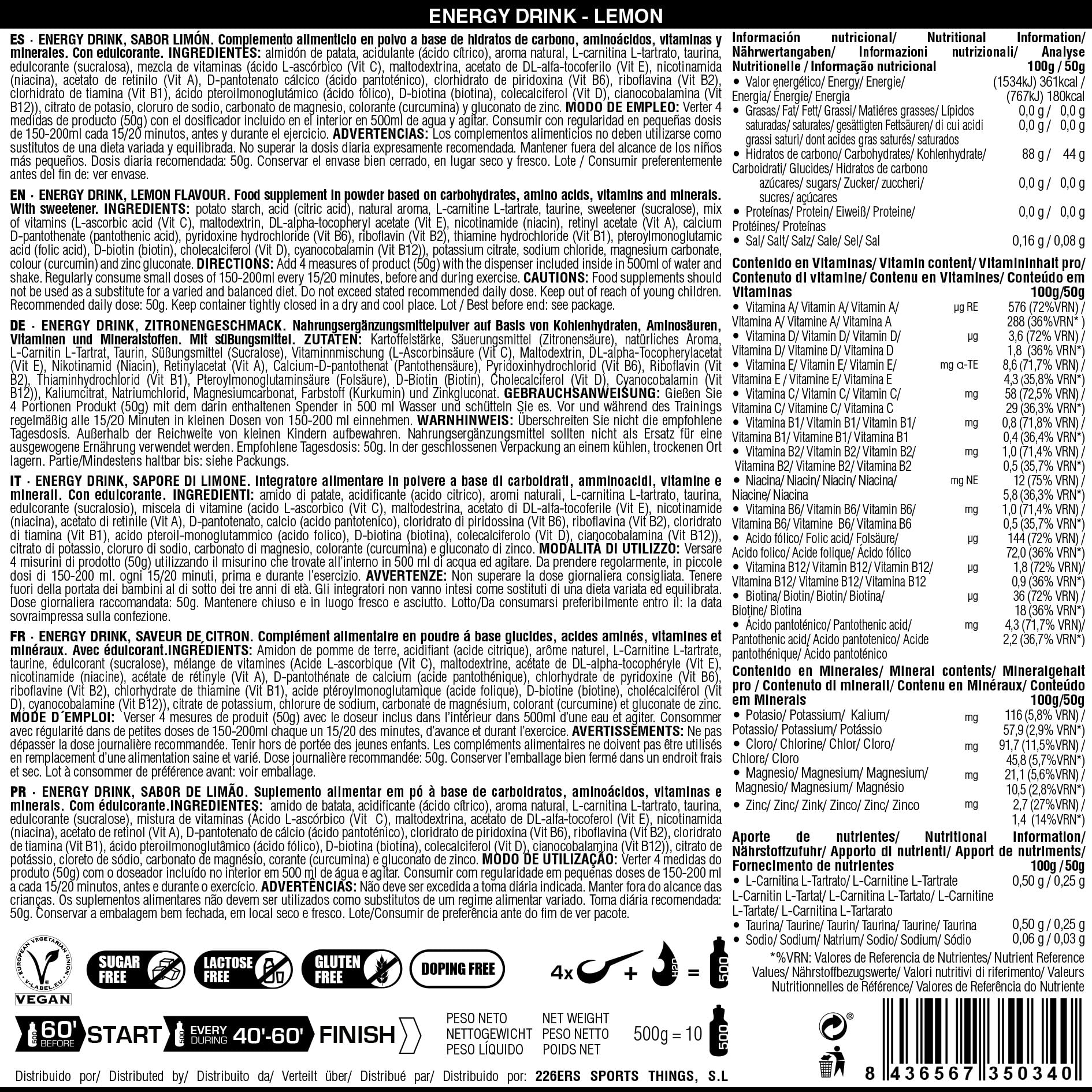 226ERS Energy Drink | Bebida Energética en Polvo con Amilopectina, Taurina y L-Carnitina, Sin Gluten y Sin Lactosa, Limón - 500 gr