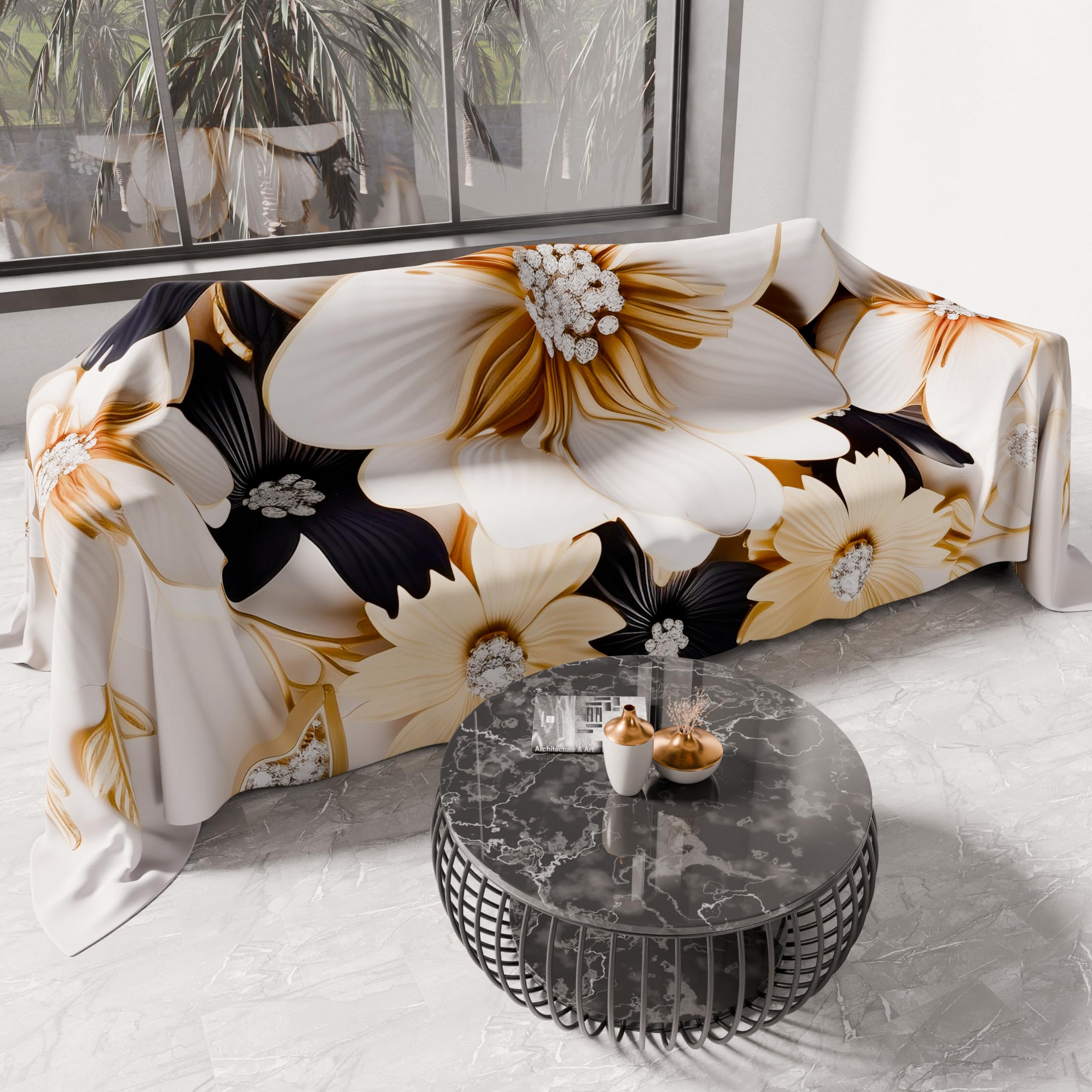 PETTI Artigiani Italiani - Microfibre Sofa Cover 260 x 270 cm, Ceramic Floral Pattern | Multipurpose for Sofas, Bedspreads and Table Covers | Washable Protective Cover