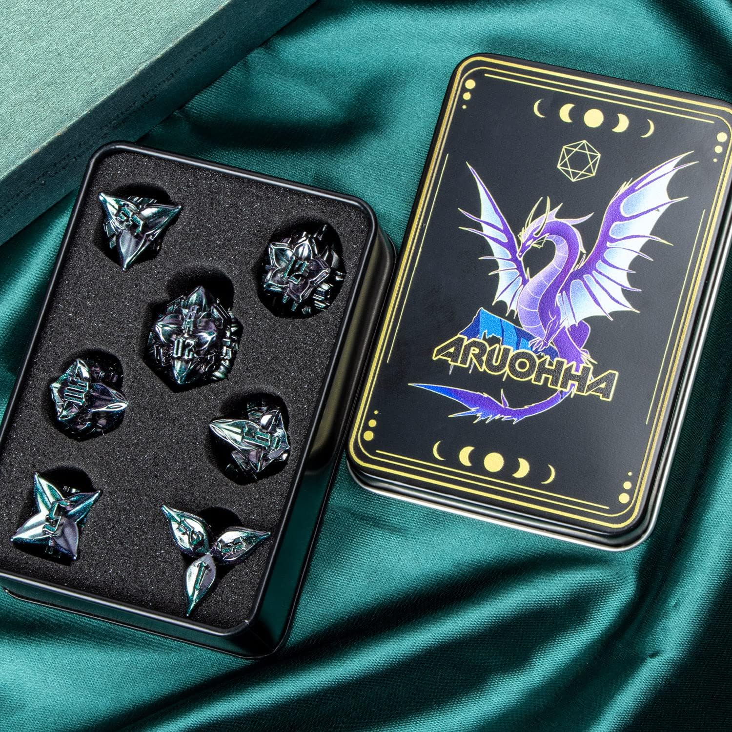 ARUOHHA DND Metal Dice Set Purple Green Leaf Design Polyhedral Dragons Dice with Box, 7PCS Dungeons D and D Dice Compatible with D&D RPG Role Playing Games D20 D12 D10 D8 D6