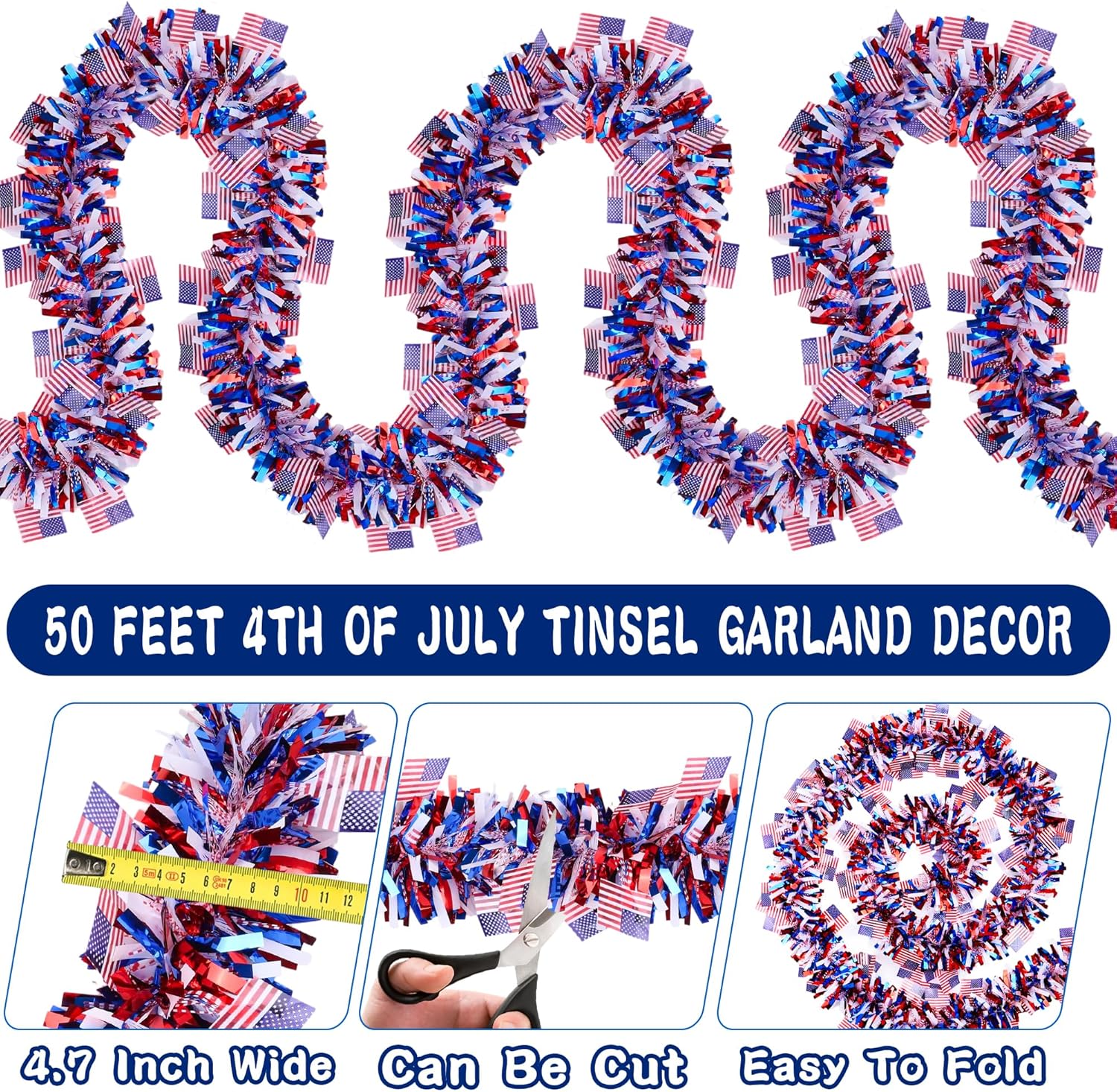 50 Feet Patriotic Tinsel Garland 4th of July Decorations, Red White Blue American Flag Garlands Glitter Patriotic Garland for Fourth July Independence Day Memorial Day Decor Outdoor Indoor Home Party