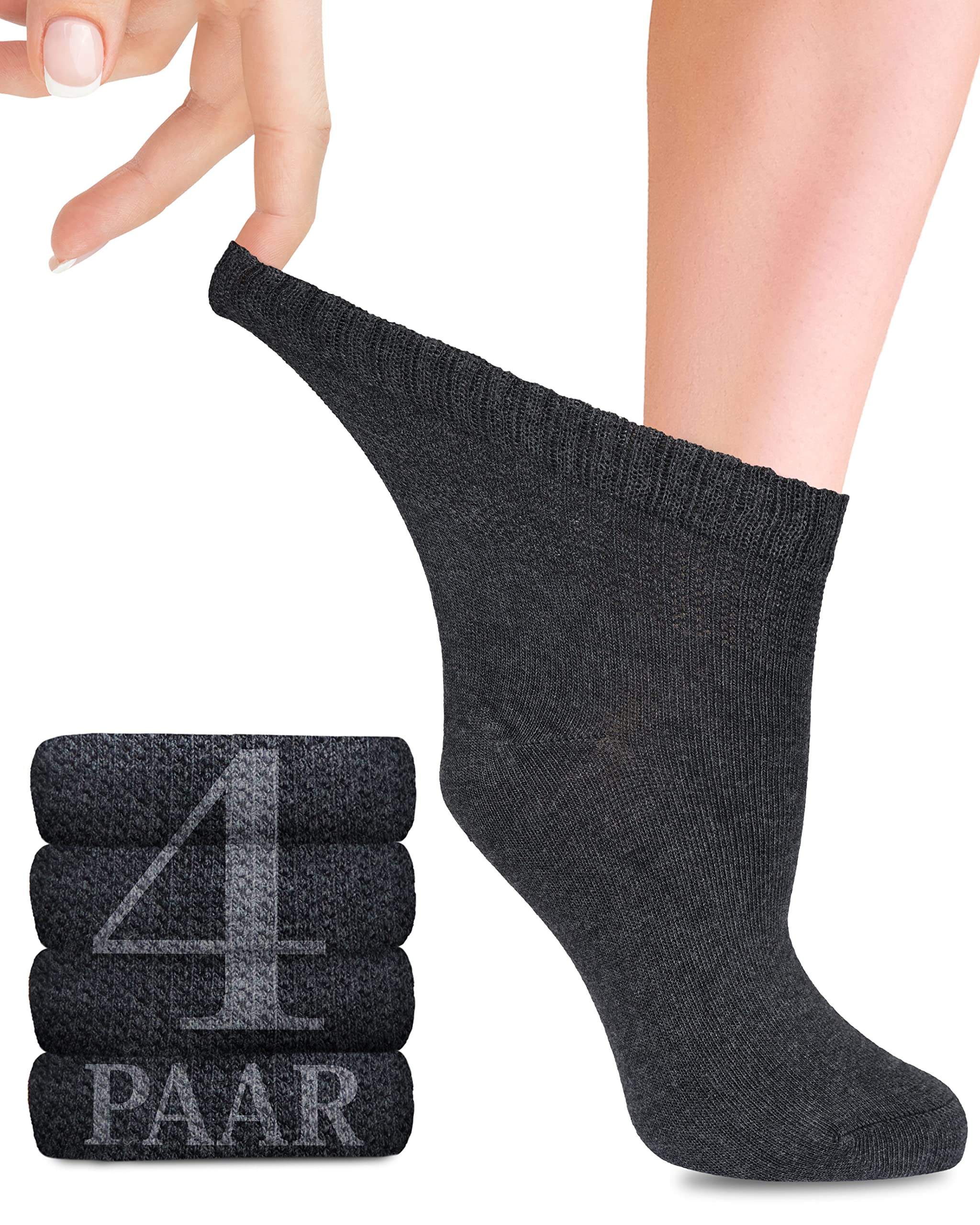 Diabetic Bamboo Lycra Socks for Women - Ankle High - Business & Leisure - Pregnant & Seniors - 4 Pairs, charcoal, 39-42