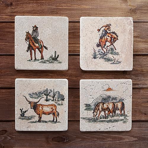 Miniatura 2 de Paseo Road by HiEnd Accents  Juego de 4 posavasos para bebidas, color blanco y negro, estampado de caballo de vaca vaquera, estilo rústico