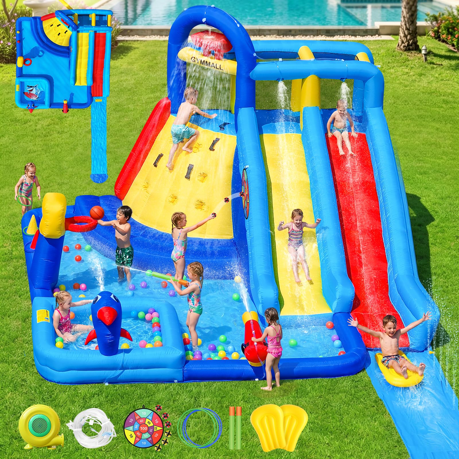 GYMMALL Water Bounce House Double Slide for Kids 3-10, Extra Large Inflatable Bouncy Castle with Long Water Slide, 550W Air Blower Ball Pit Swim Pool Climbing, Bouncy House for Party Birthday