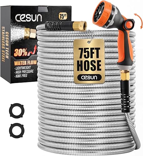 Cesun - Manguera de jardín de metal de x pies, manguera de acero inoxidable 304, accesorios de metal reforzados, ligera, portátil, duradera, fresca