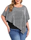 Plus Size Sparkly Cape Tops Cold Shoulder Double Layered Asymmetrical Hem Rhinestone Glitter Party Blouse Shirts