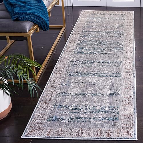 SAFAVIEH Valencia Collection - Alfombra de pasillo de 2 pies 3 pulgadas x 12 pies, color gris y verde, diseño bohemio chic envejecido, no desprende
