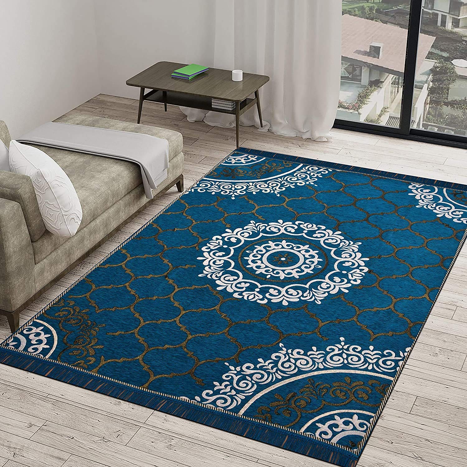 Sparrow World Premium Chenille Living Room Carpet, Area Rug, Durries, Bed Cover (Sky Blue, 3X5 Feet)-picture-11