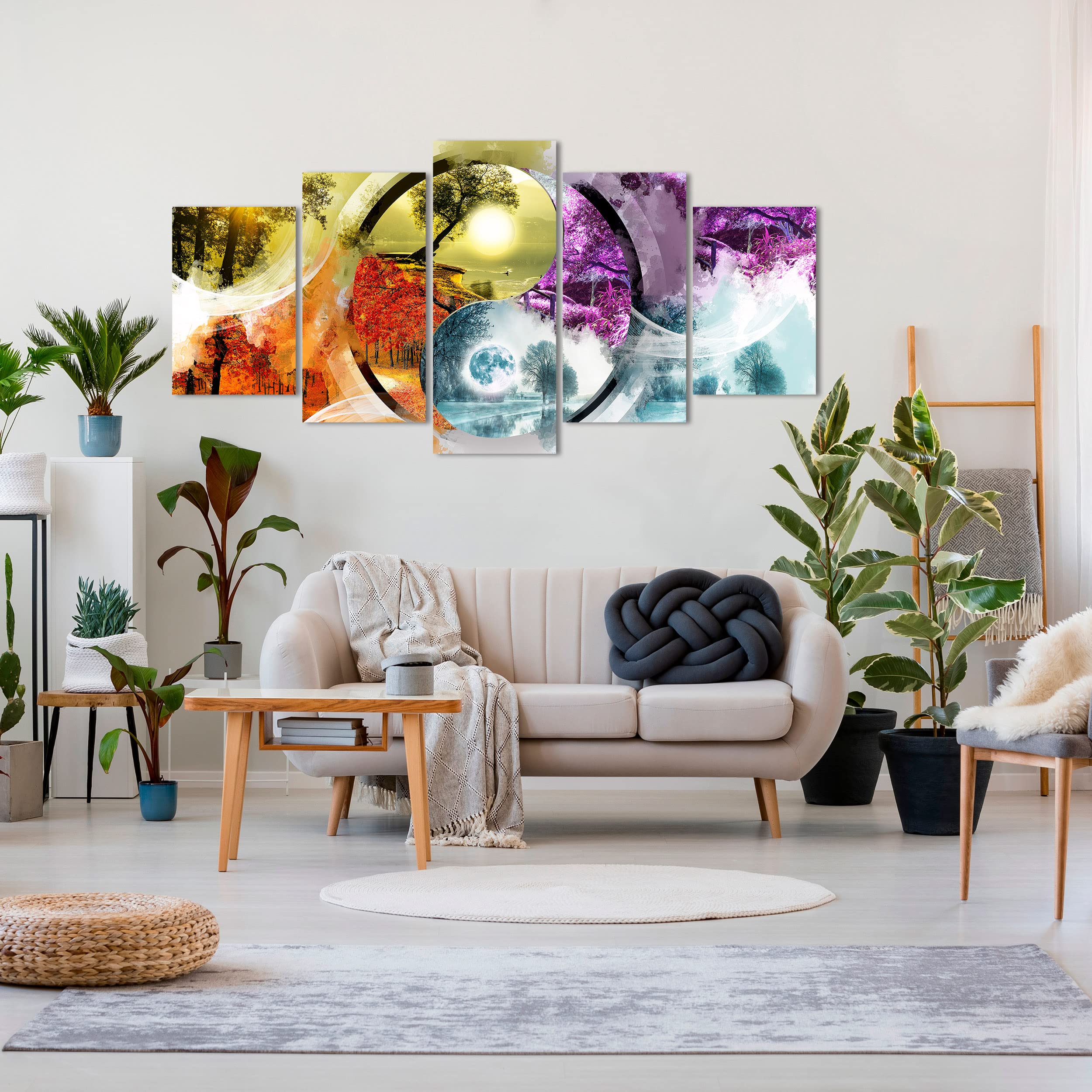 DekoArte - Cuadros Modernos Impresión Imagen Artística |5 Piezas 200x100cm | Lienzo Decorativo Para Tu Salón o Dormitorio | Estilo Paisaje Ying Yang Cuatro Estaciones Del Año XXL