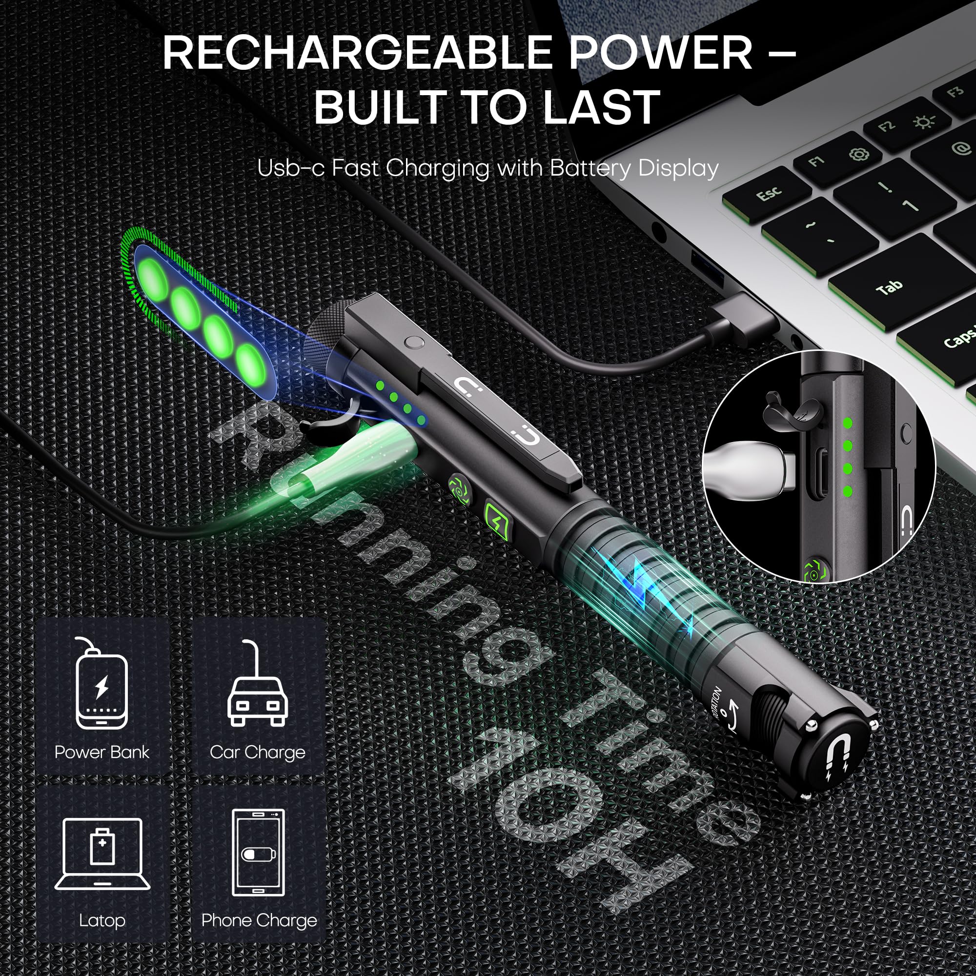 EDC - Torcia ricaricabile da 780 lumen, piccola torcia a LED con clip magnetica e base, 11 modalità, ricarica USB-C, interruttore di vetro e apribottiglie, torcia compatta per lavoro, casa e