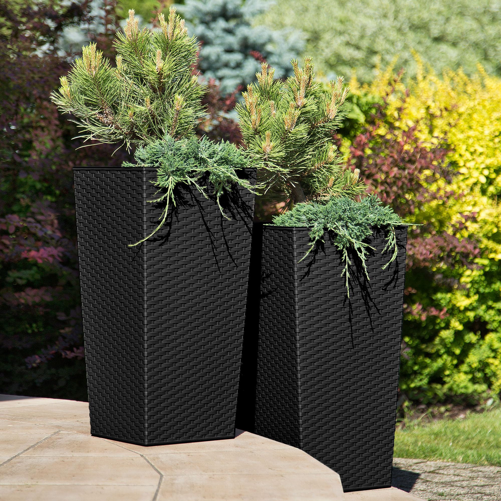 KADAX Zestaw 3 Donic z Wkładem wys. 36/46,5/57,5 cm, ok. 43L łącznie, Czarny rattan Rattan odporne na warunki atmosferyczne do Wewnątrz i na Zewnątrz