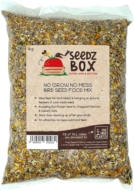 No Grow Bird Seed Mix For Wild Birds 1kg - Seedzbox Deluxe No Grow No Mess Bird Food - Sunflower Hearts Chopped Peanuts and Naked Oats - Donation to OneTreePlanted
