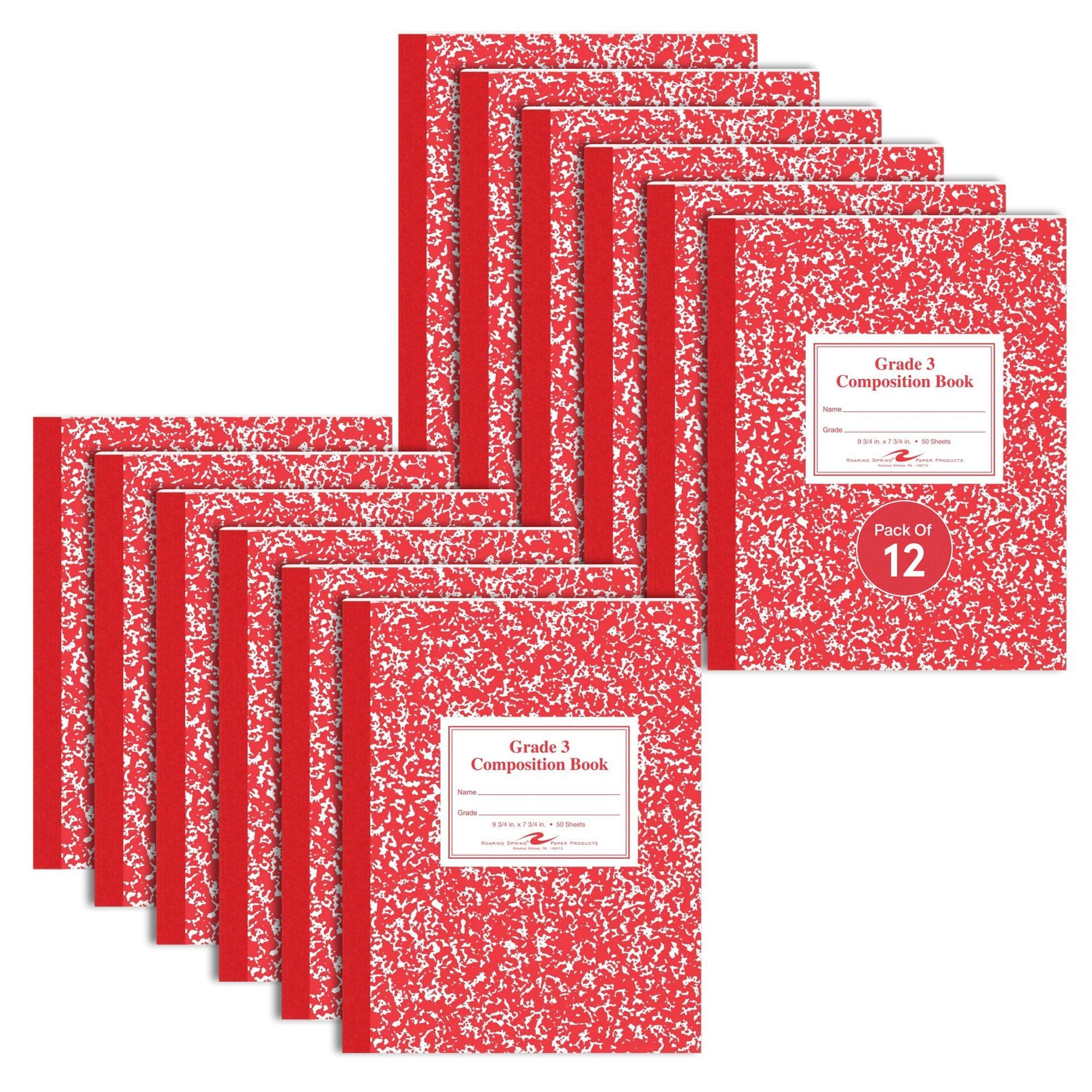 Roaring Spring Lot de 12 cahiers de composition lignés de grade 3, conçus pour les classes de troisième année, 24,8 x 19,7 cm, 50 feuilles, papier blanc de 6,8 kg, pratique de l'écriture et de la