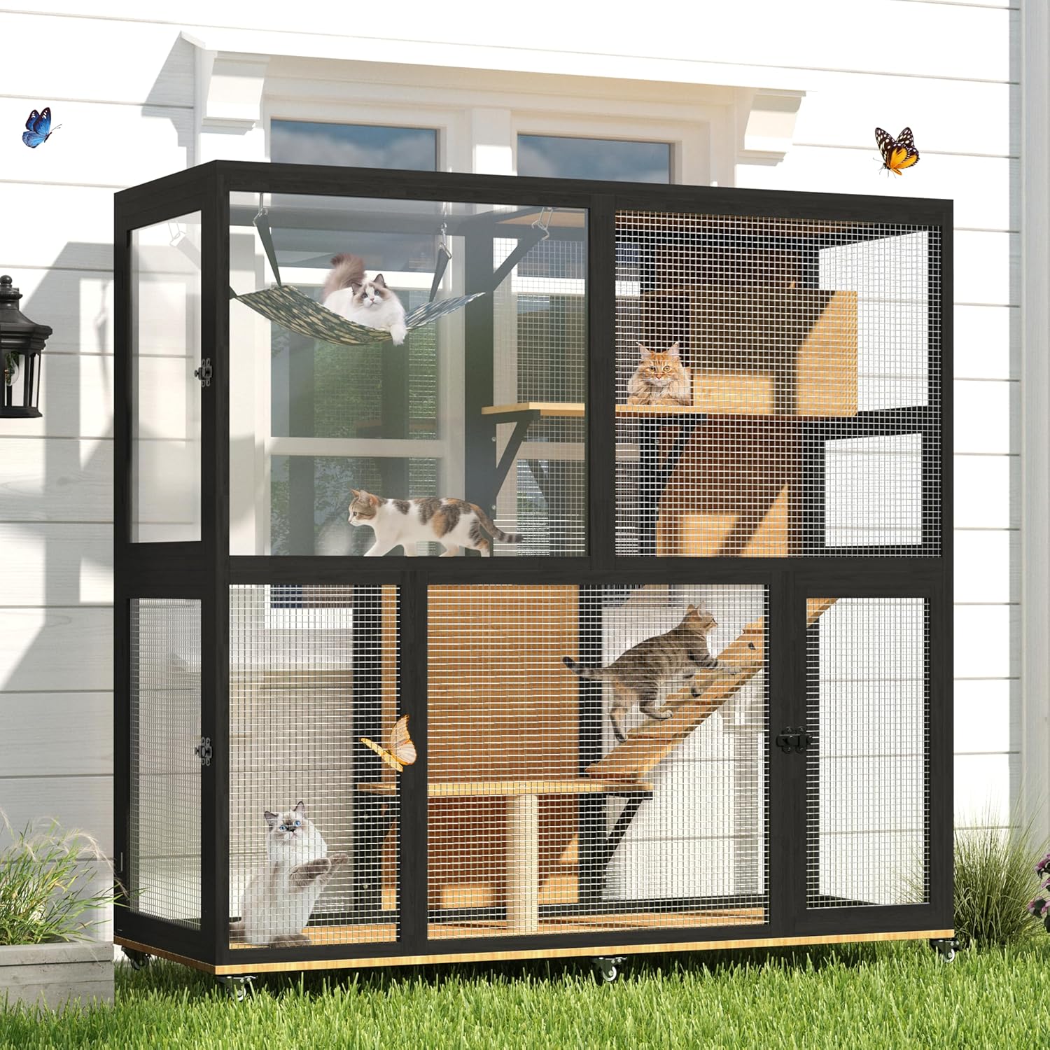 Catio Outdoor Cat Enclosure on Wheels, 4 Tier Large Cat House for Multiple Cats with Resting Box and Hammock, Indoor Wooden Kitty Cage with 4 Access Doors, Platforms and Sunshine Roof (Black)