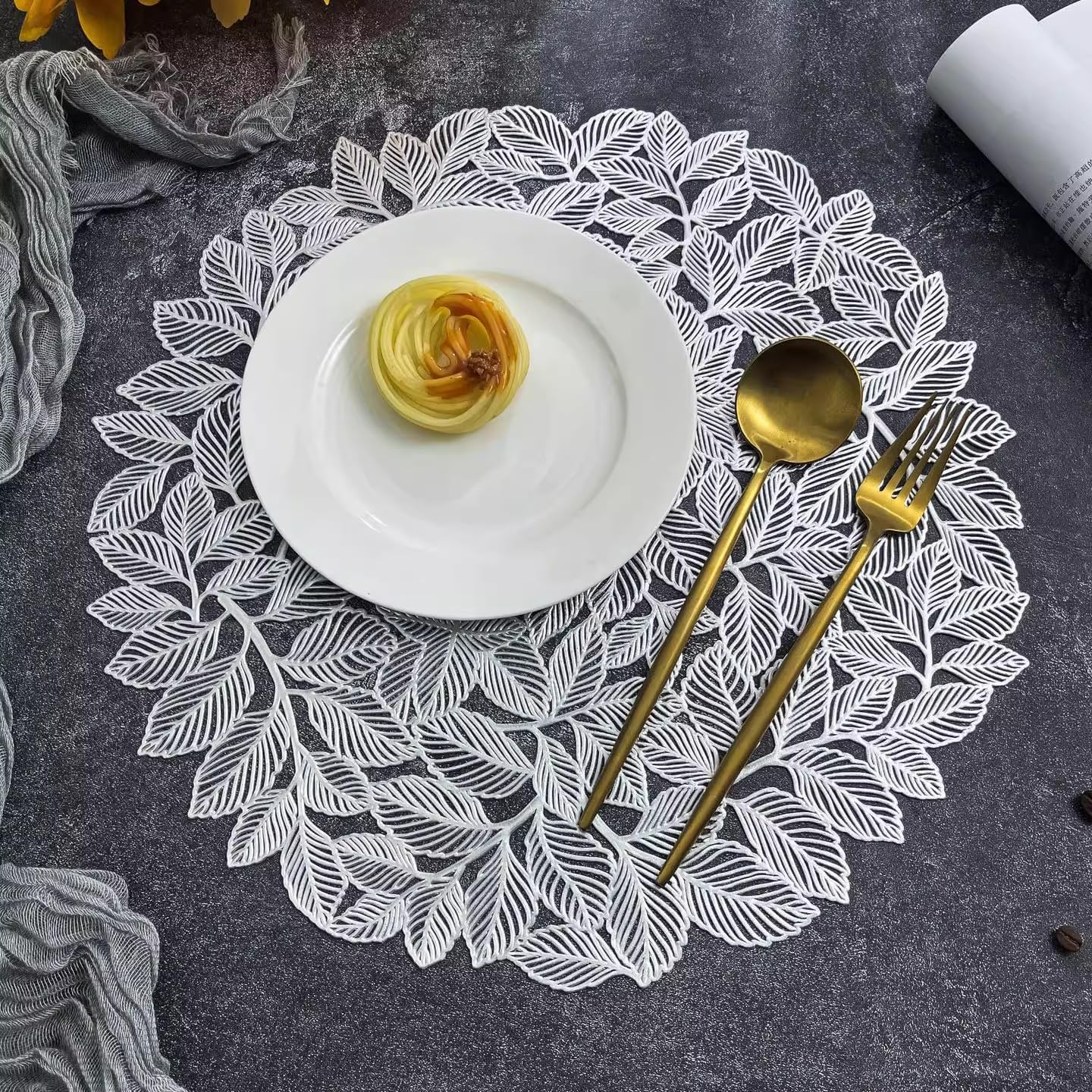 ABREEZE Golden European Leaf Round Heat-Resistant PVC Placemats Set of 2– Embossed Floral Design, Soft Flexible Table Protectors for Dining & Home Decor, 15 Inch,
