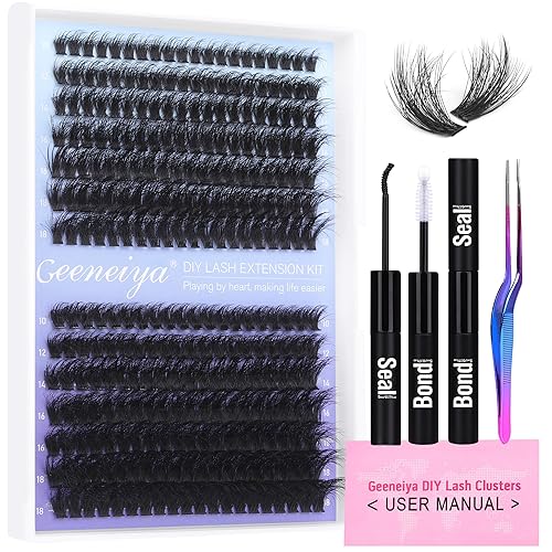 Miniatura 17 de Kit de racimos de pestañas con volumen Geeneiya, kit de extensión de pestañas DIY, pestañas rizadas D, con adhesivo y pinzas de sellado, pestañas de