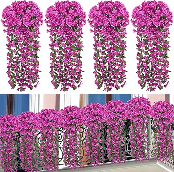 Ouddy Decor 4 Pcs Artificial Hanging Flowers Fake Hanging Plants Violet Flowers Vine Garland for Indoor Outdoor Garden Patio Yard Porch Home Wedding Decoration, Fuchsia