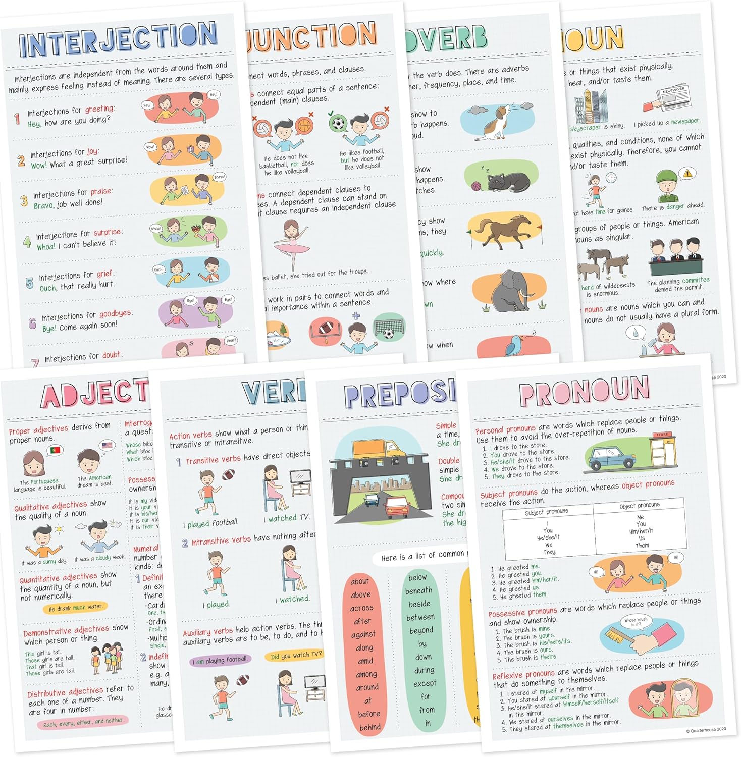 Quarterhouse 8 Poster English Parts of Speech Set, English Classroom Learning Materials for K-12 Students and Teachers, 12 x 18 Inches, Made in USA