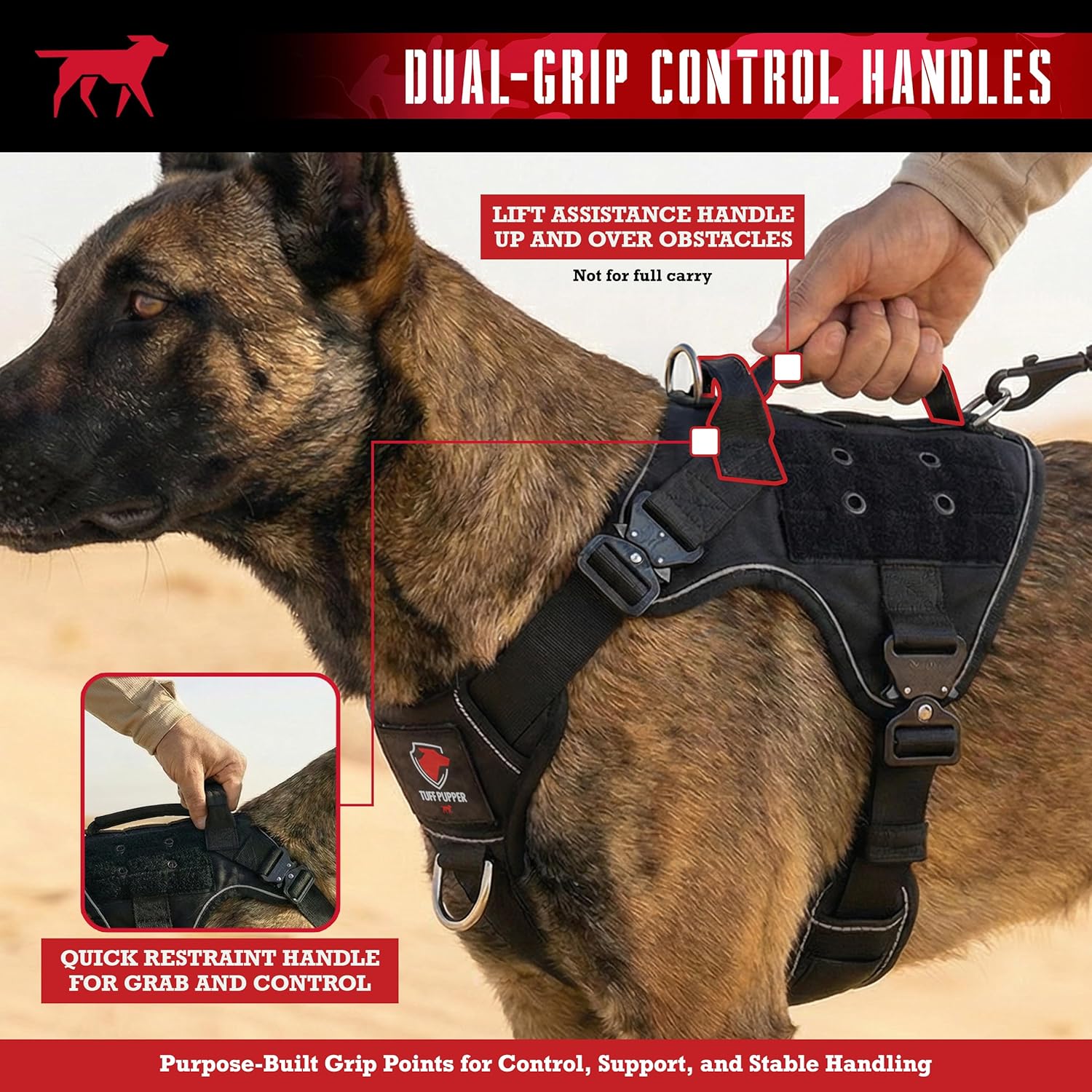 Tuff Pupper Elite Tactical Dog Harness | Dual Control Handles | Front & Back D-Rings | Fully Adjustable | Military Cobra Buckles | Heavy Duty Nylon Vest | Reflective MOLLE Dog Harness for Medium Dogs