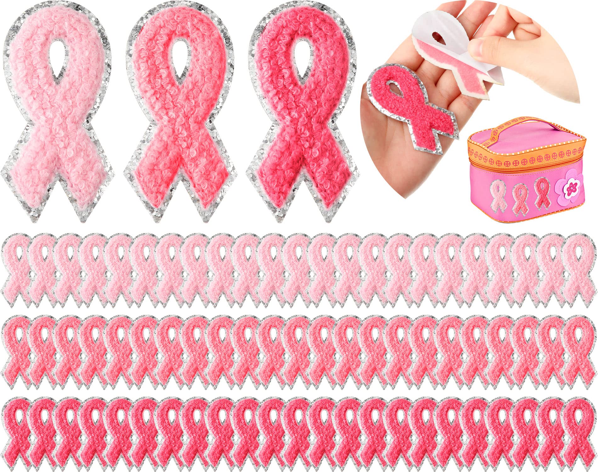Photo 1 of 75 Pcs Breast Cancer Awareness Chenille Patches Self Adhesive Pink Ribbon Patches Glitter Chenille Embroidered Appliques Sticker in 3 Colors for Girl Clothes T Shirt Dress Hat Jeans DIY Accessories