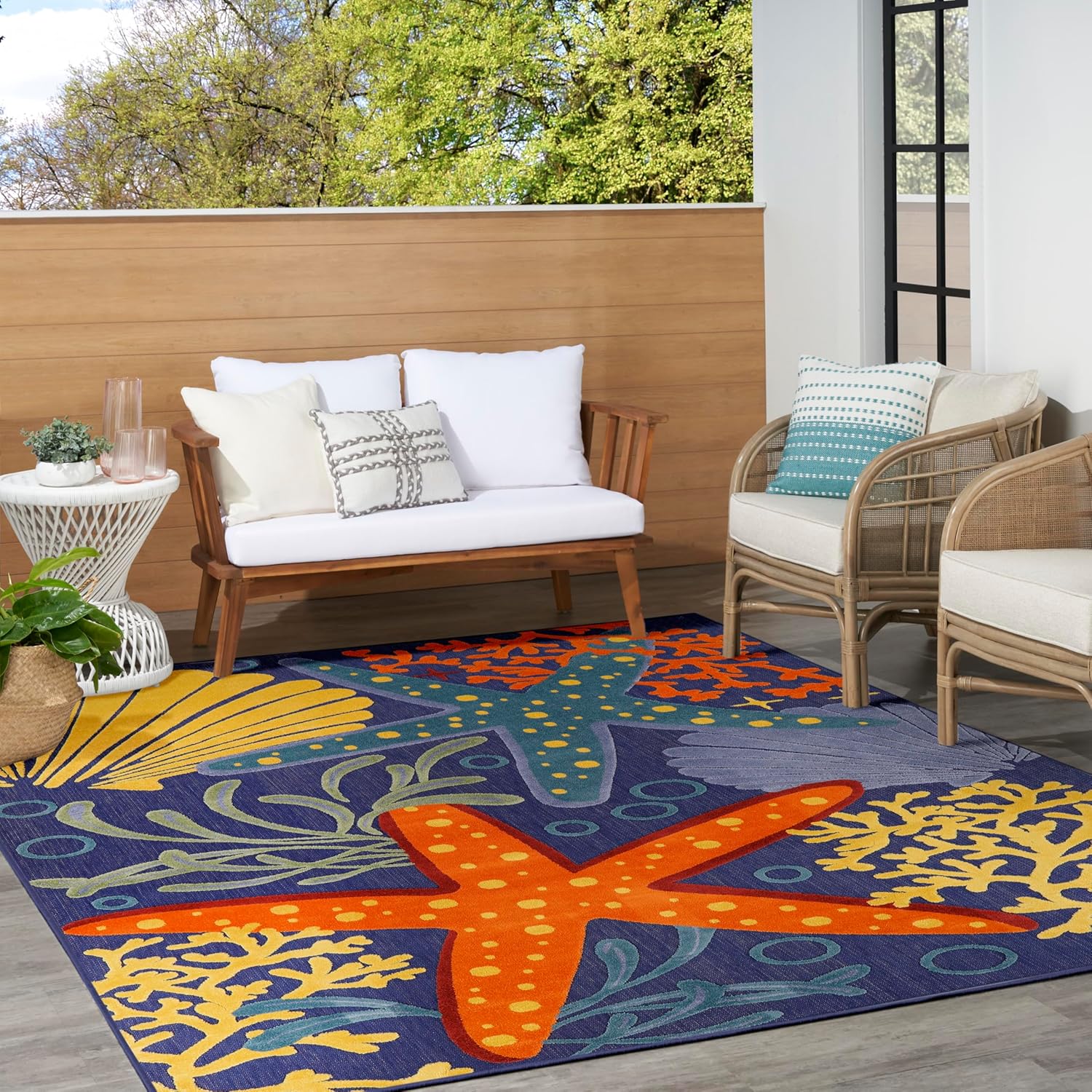 Nourison Home Aloha Navy Multicolor 9' x 12' Area Rug - Easy Clean, Non Shedding, Bed Room, Living Room, Dining Room, Kitchen (9' x 12')