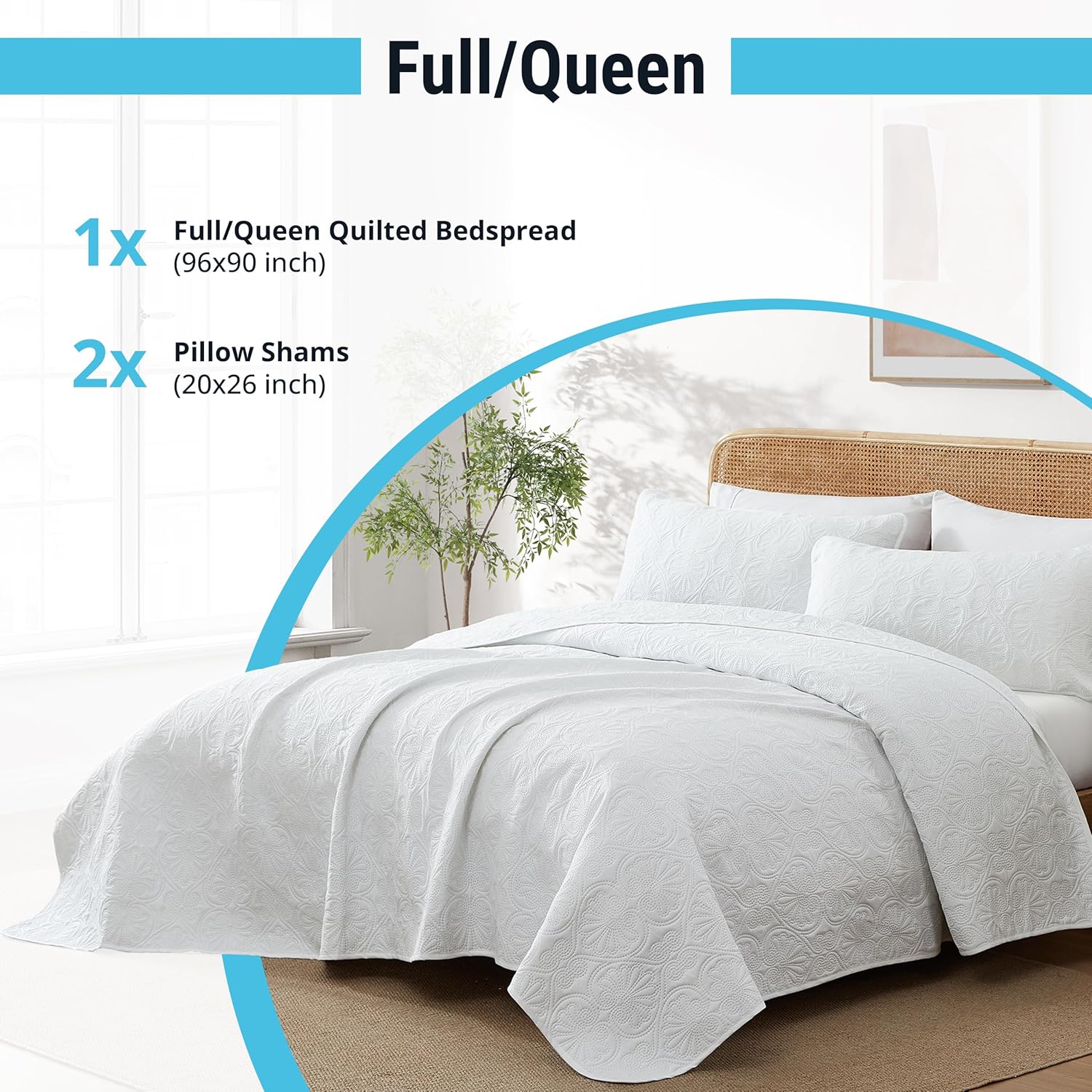 HLC.ME Benji - White Quilt Queen Size Bedding Set, Modern Lightweight Bedspread Queen Size Coverlet Set (White) - Image 3