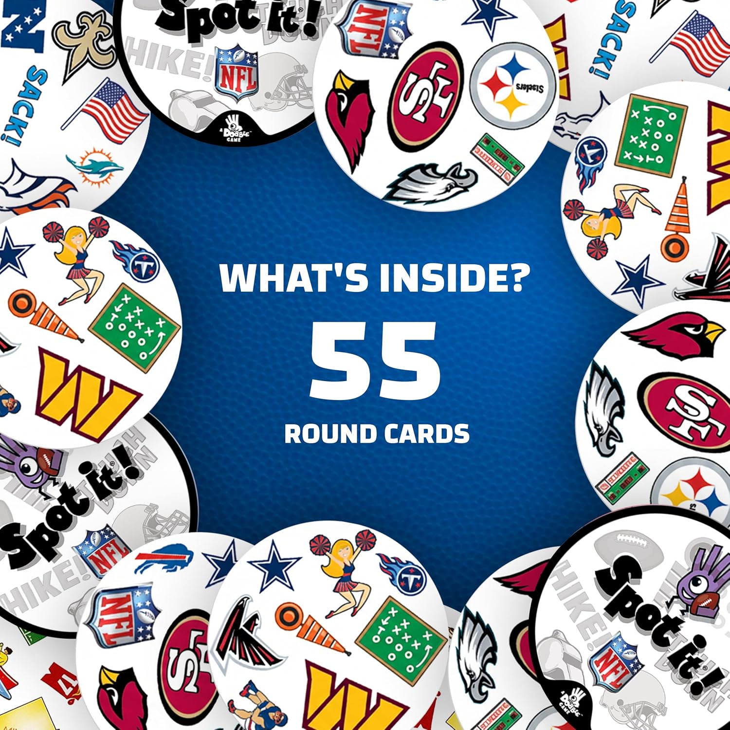 Spot It! NFL Edition Card Game – Fast-Paced Matching Game Featuring Official NFL Team Logos & Football Symbols – 55 Cards with 5 Mini Games – Family Party & Travel Game for Kids & Adults