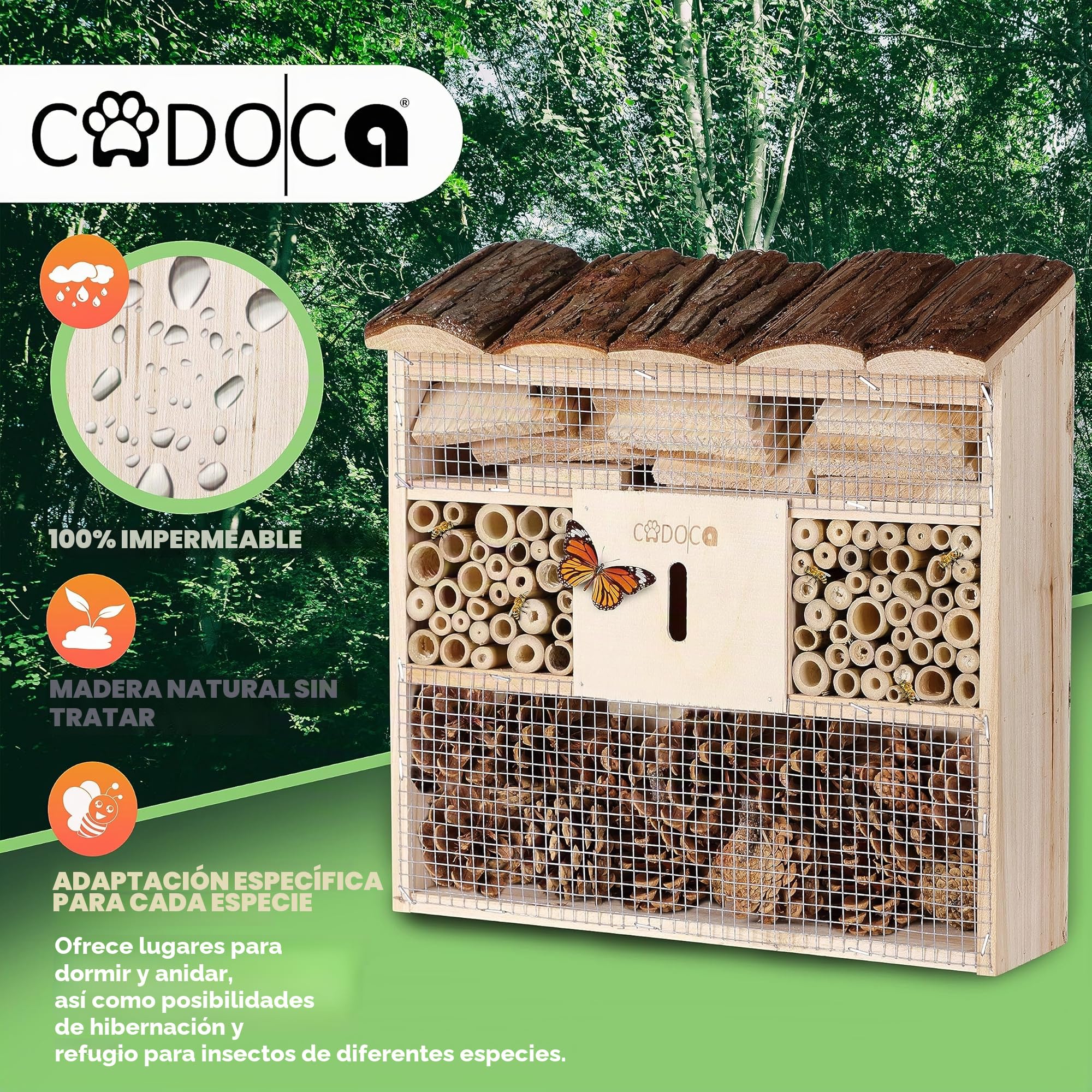 CADOCA® 2X Hotel de Insectos de Madera 31x31cm Observatorio de Insectos Casa Natural Nido para Colgar Abejas Jardín